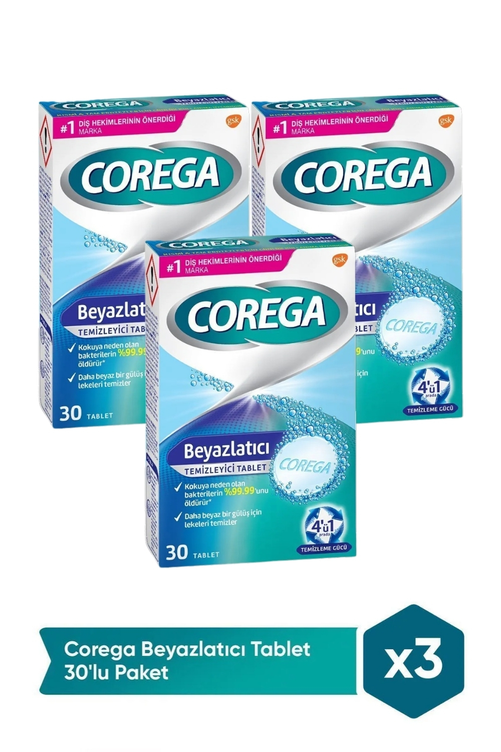 Corega Beyazlatıcı Temizleyici 30 Tablet x 3 Adet