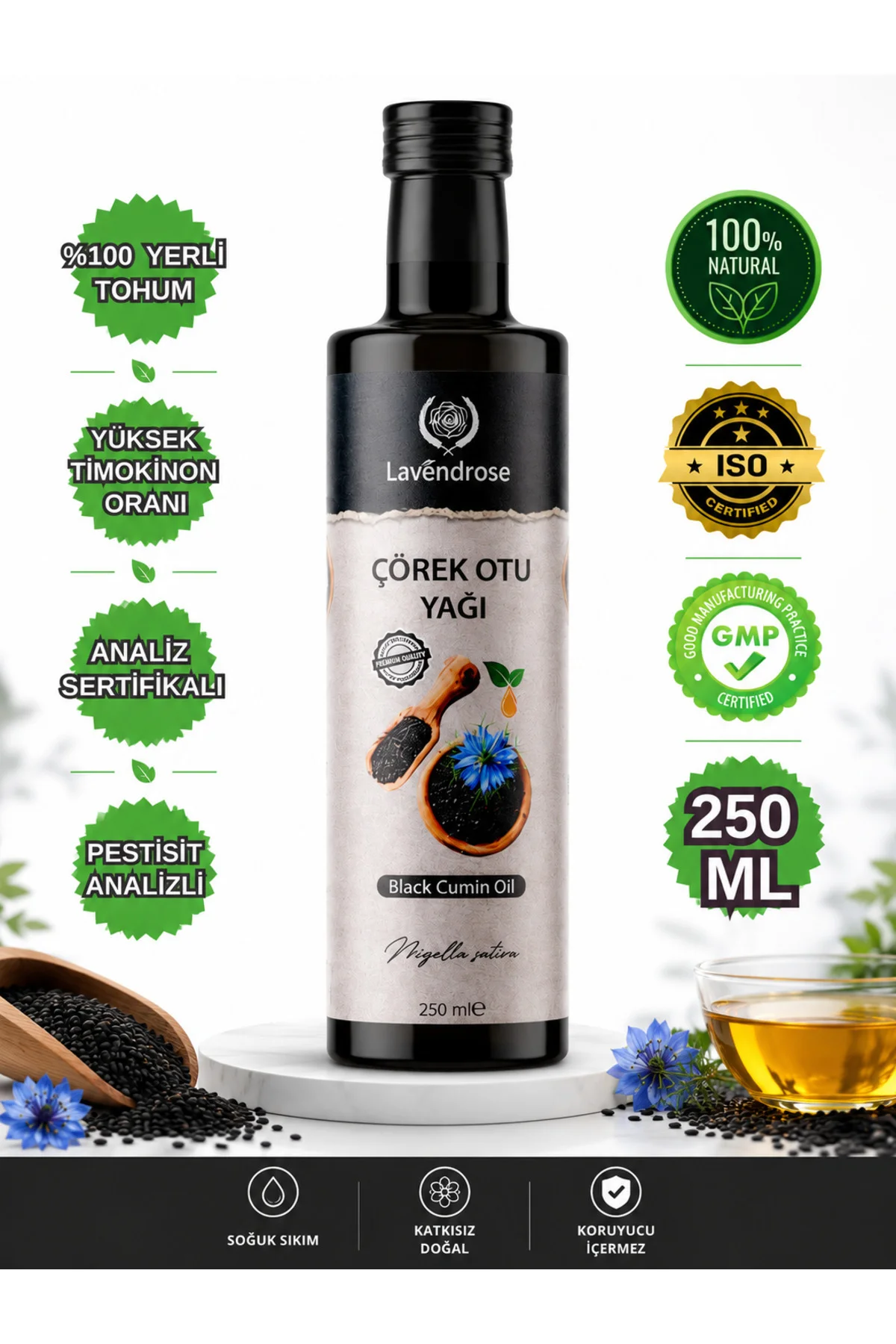 Çörek Otu Yağı 250ml Yüksek Timokinonlu Pestisit Analizli Soğuk S