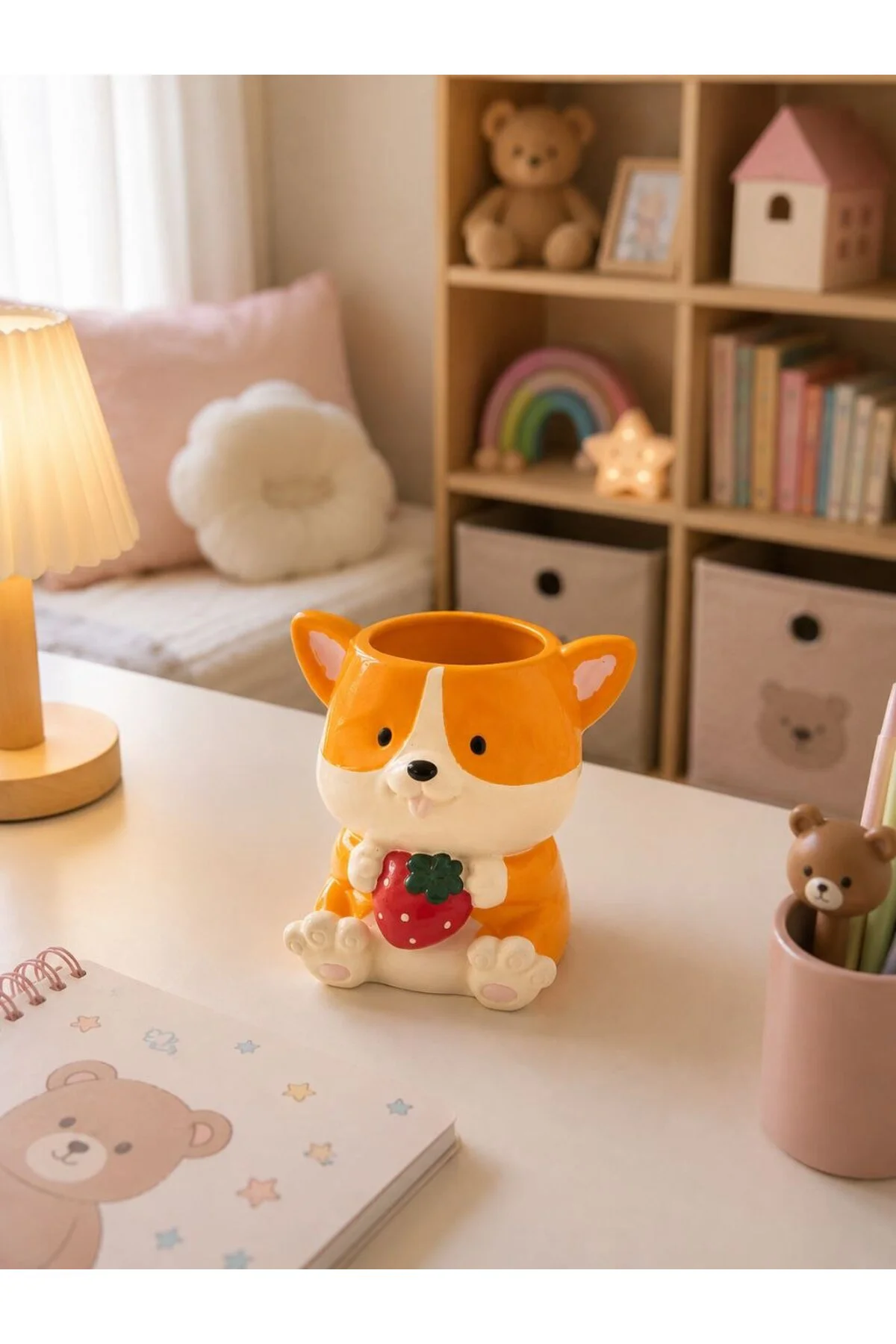 Corgi Köpek Figürlü Çilekli Saksı - Sevimli Hayvan Tasarım Sukule