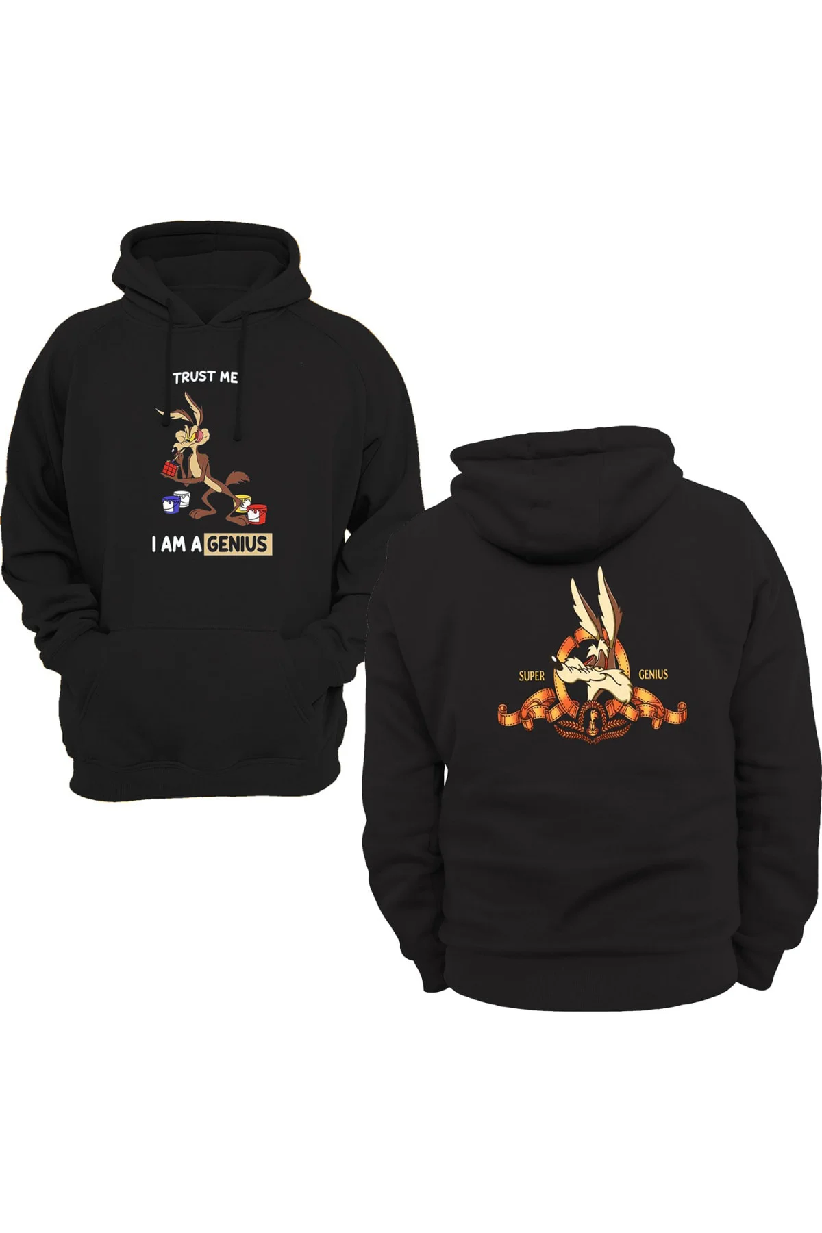 Coyote Çift Baskılı 3 Ipl. Şardonlu 600 Gr. Içi Polar Siyah Kapüşonlu Sweatshirt
