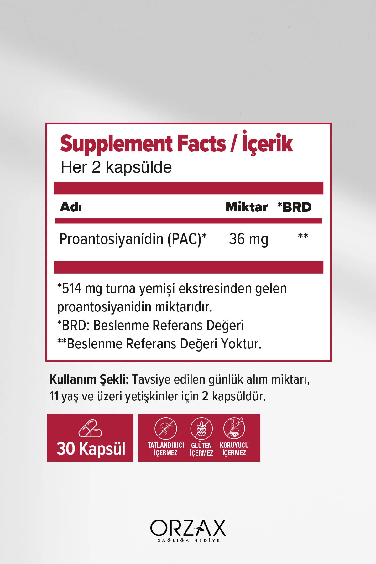 Cranberry - Turna Yemişi Ekstresi Proantosiyanidin (PAC) İçeren Takviye Edici Gıda- 30 Kapsül