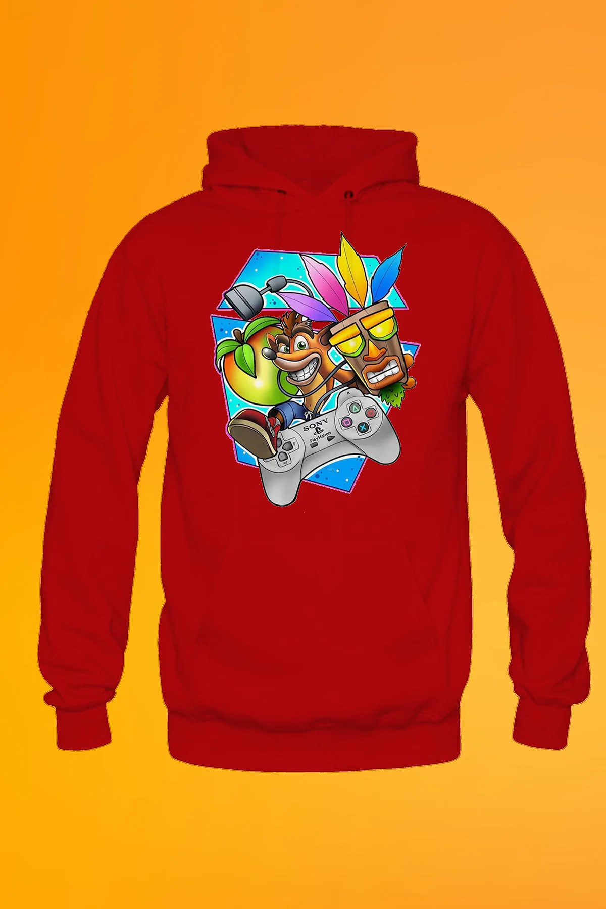 Crash Bandicoot Baskılı Kırmızı Erkek Kapşonlu Fermuarsız Sweatshirt Hoodie