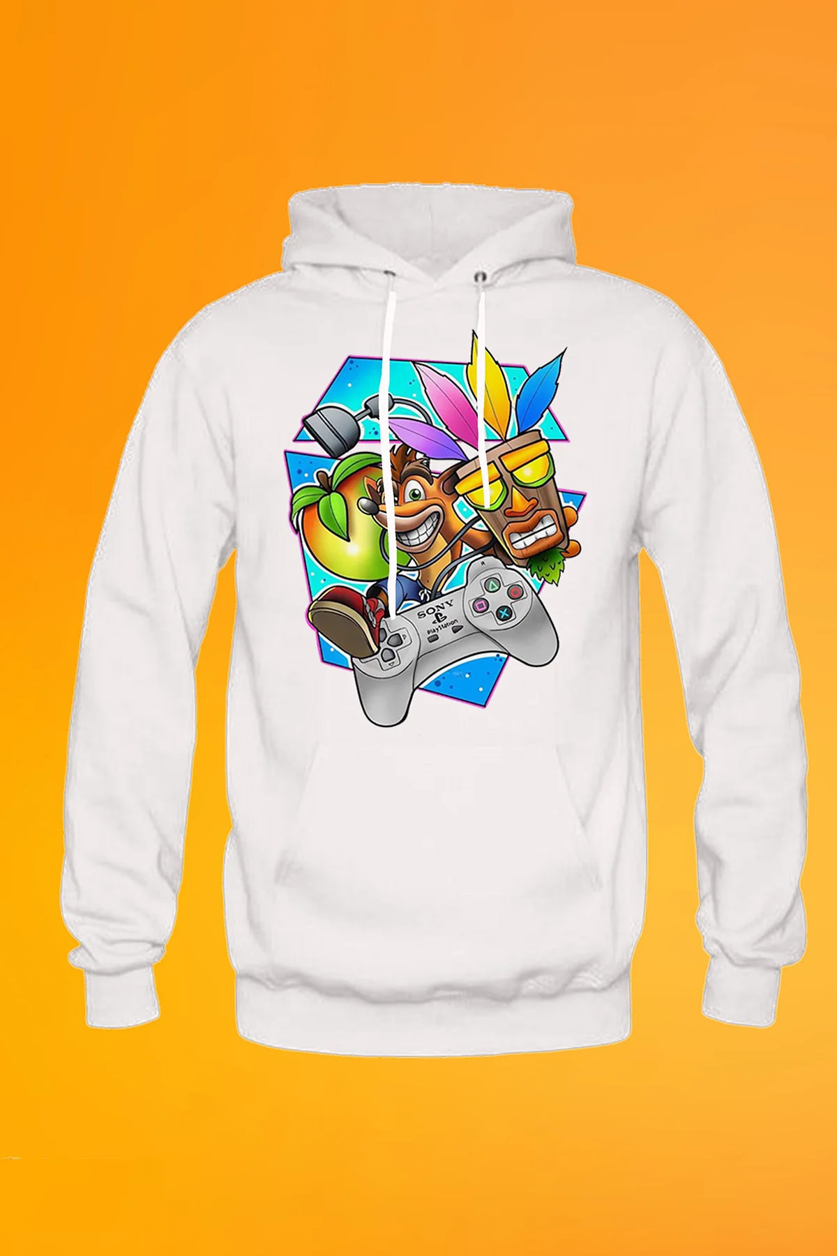 Crash Bandicoot Baskılı Beyaz Erkek Kapşonlu Fermuarsız Sweatshir