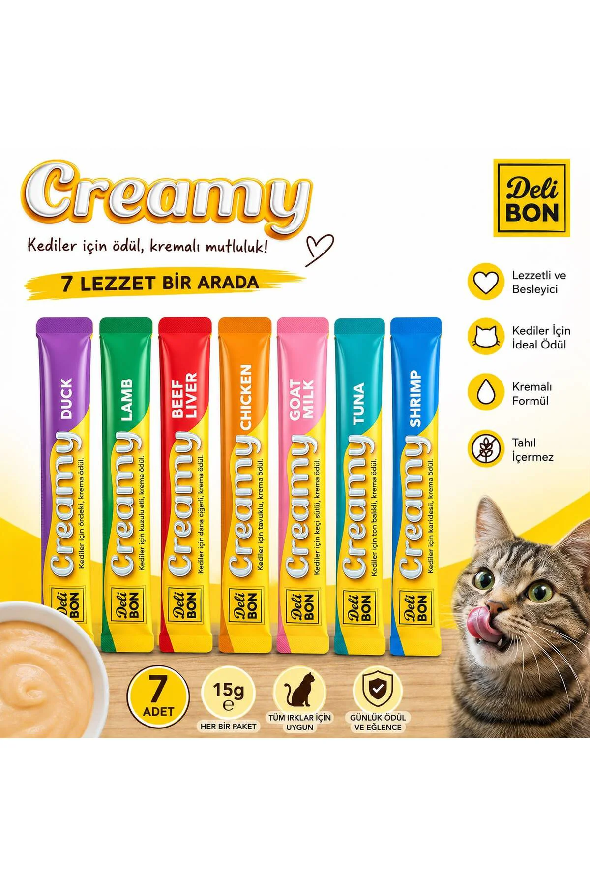 Creamy 7 Lezzetli Kedi Ödül Maması 7x15 g Fiyatı, Yorumları ve Özellikleri
