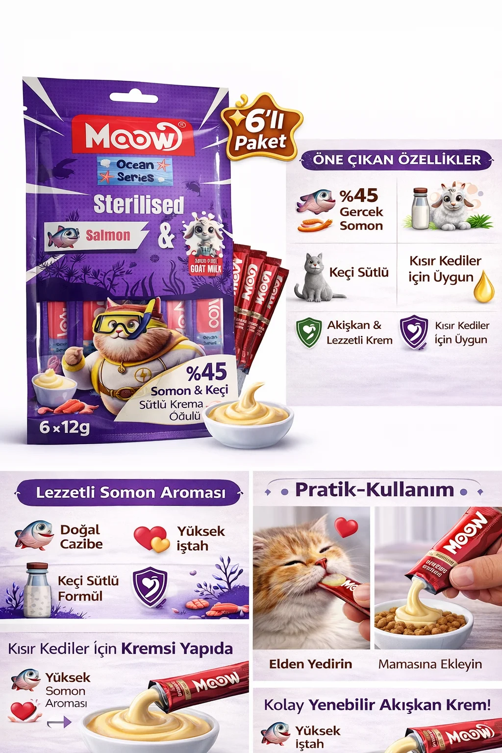 Creamy Somonlu ve Keçi Sütlü Kısırlaştırılmış Sıvı a Kedi Ödülü 6x12 gr