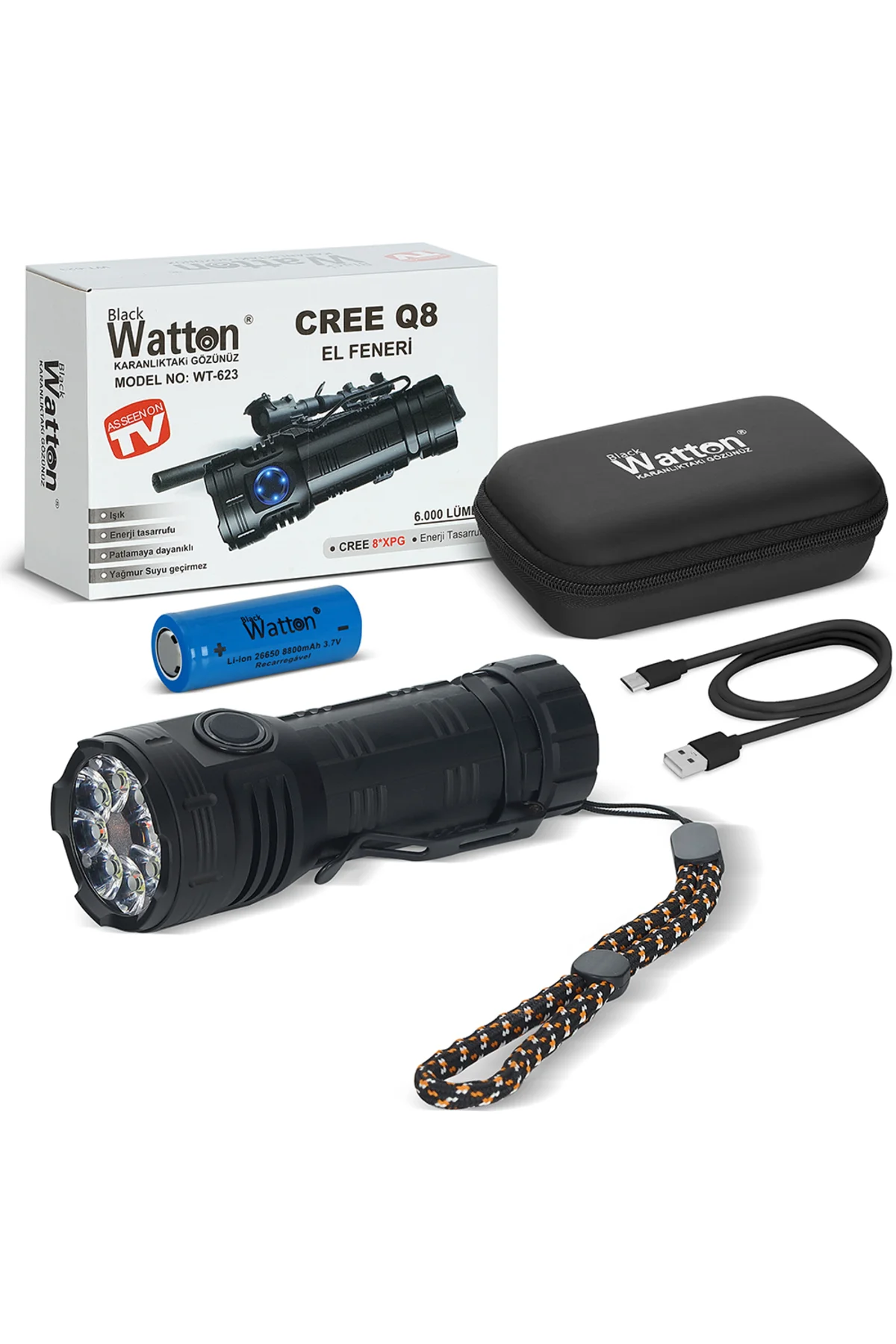 CREE Q8- XPG 8+1 LED ŞARJLI EL FENERİ WATTON WT-623 Siyah