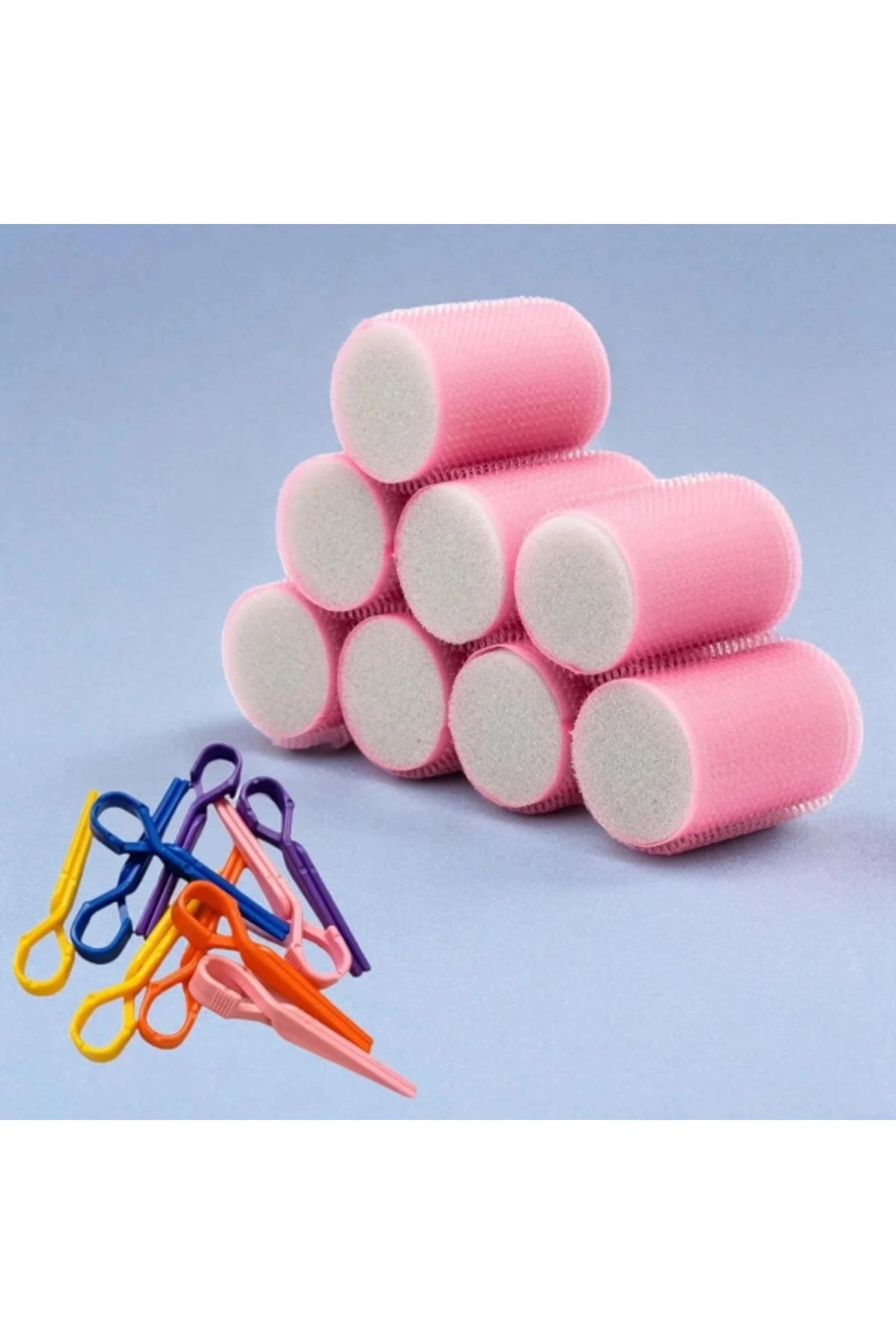 Croc 1207 Pembe Cırtlı Sünger Bigudi 8Li Çap 4Cm + 10Lu Plastik Saç Pensi