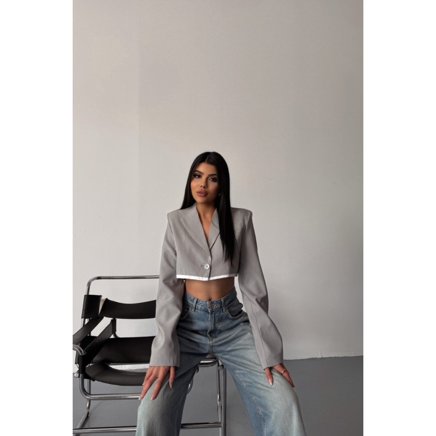 CROP CEKET Lucky Life Kadın TEK DÜĞME - Gri