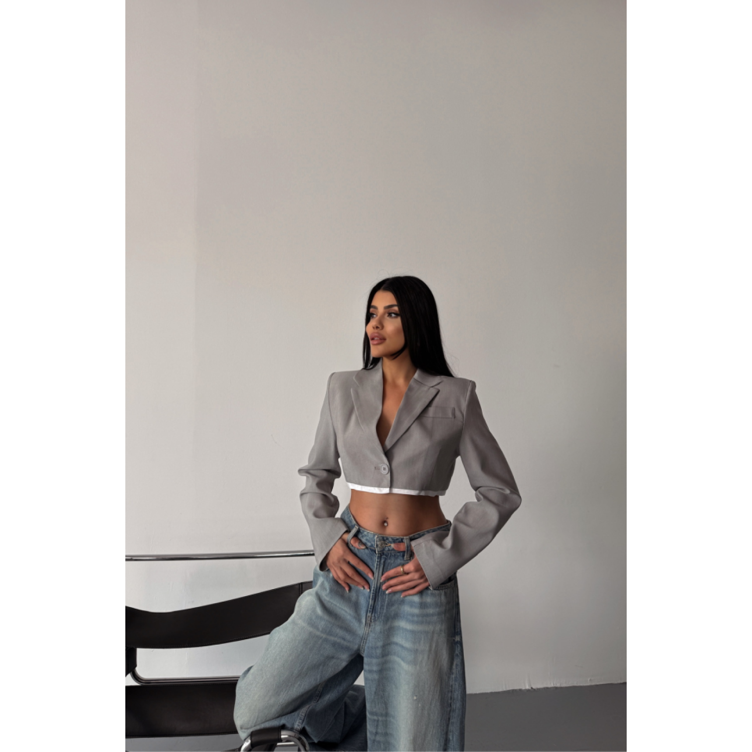 CROP CEKET Lucky Life Kadın TEK DÜĞME - Gri