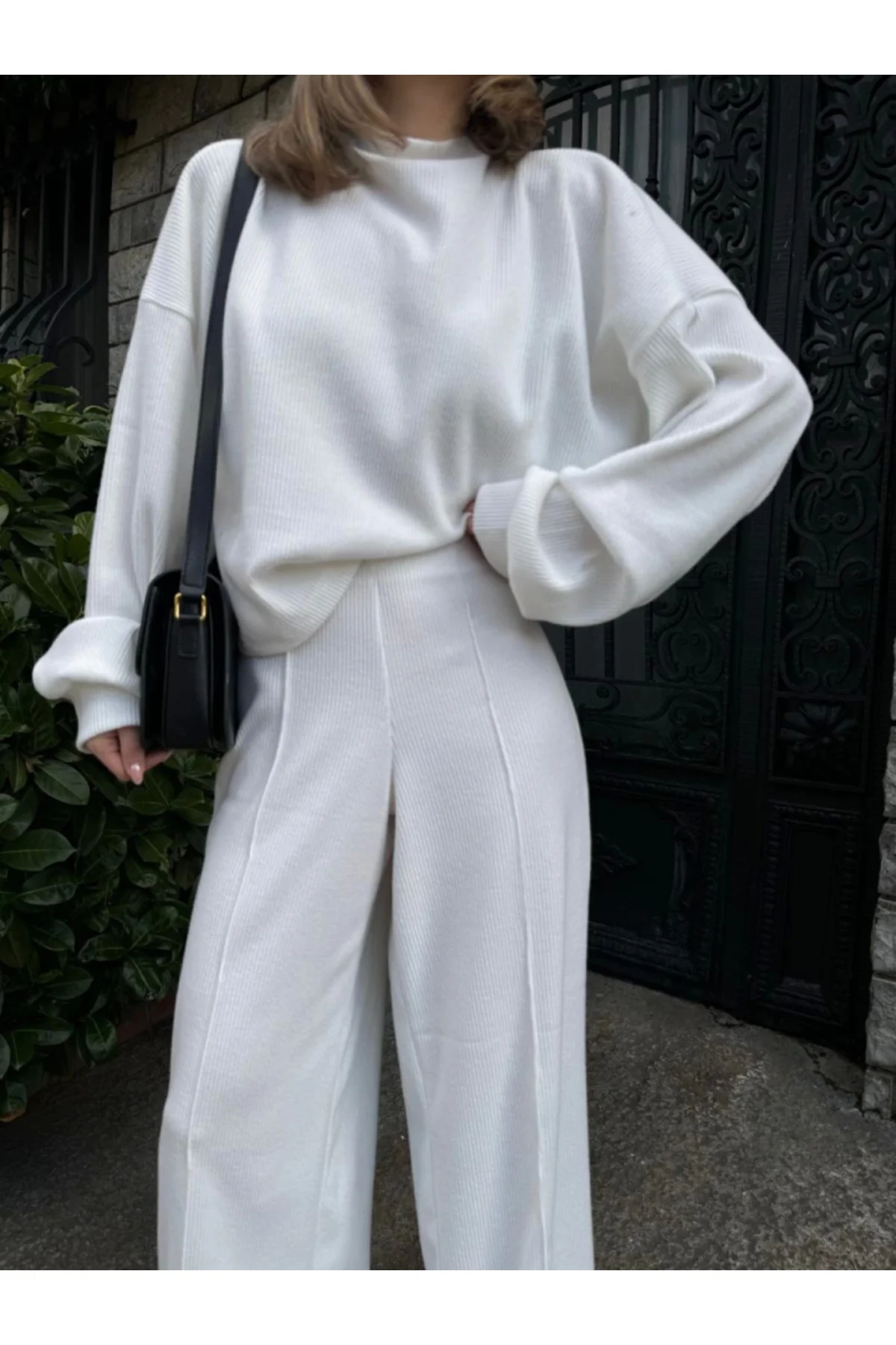 Crop, Pantolon Fitilli İkili Takım -Beyaz