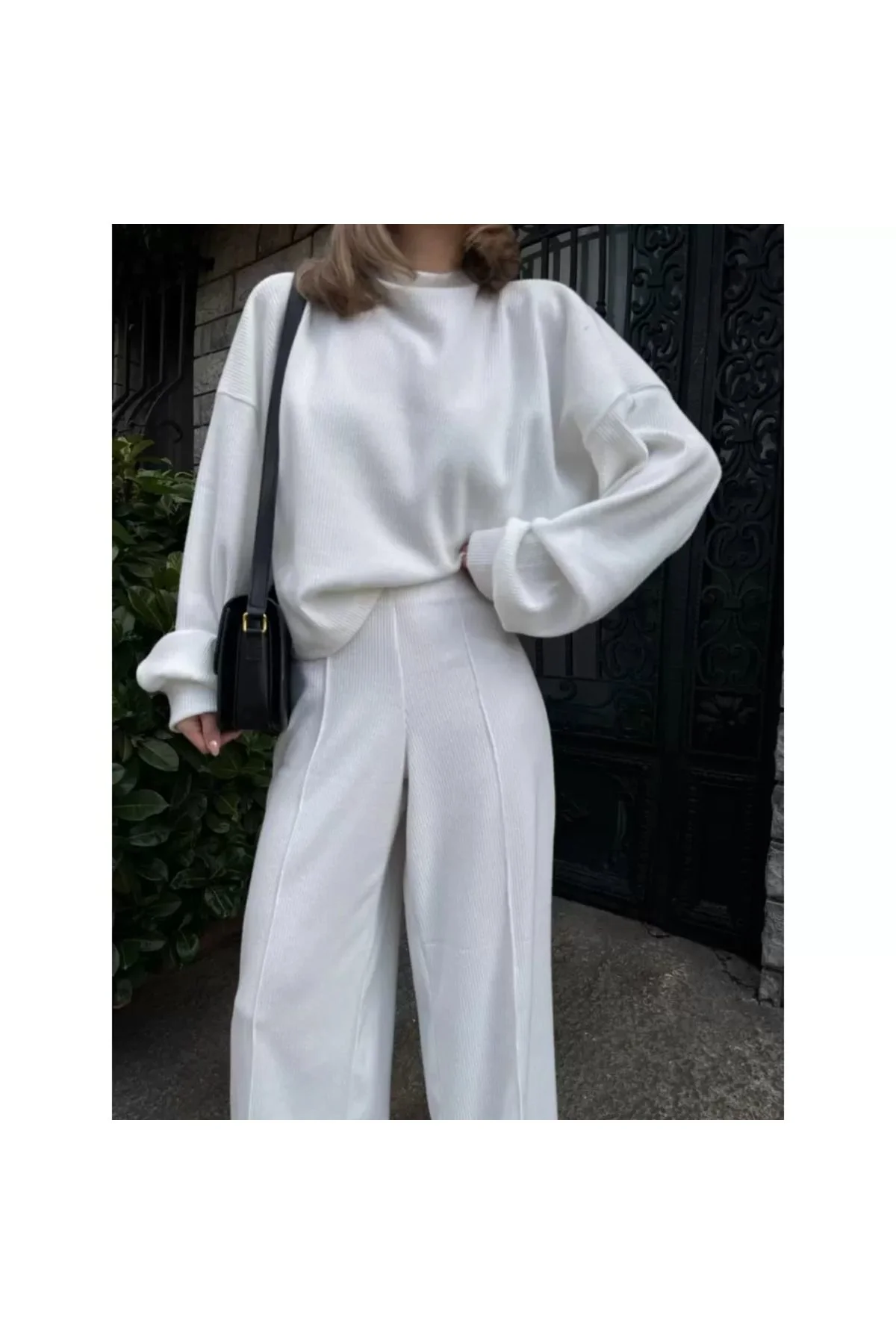 Crop, Pantolon Fitilli Ikili Takım -beyaz