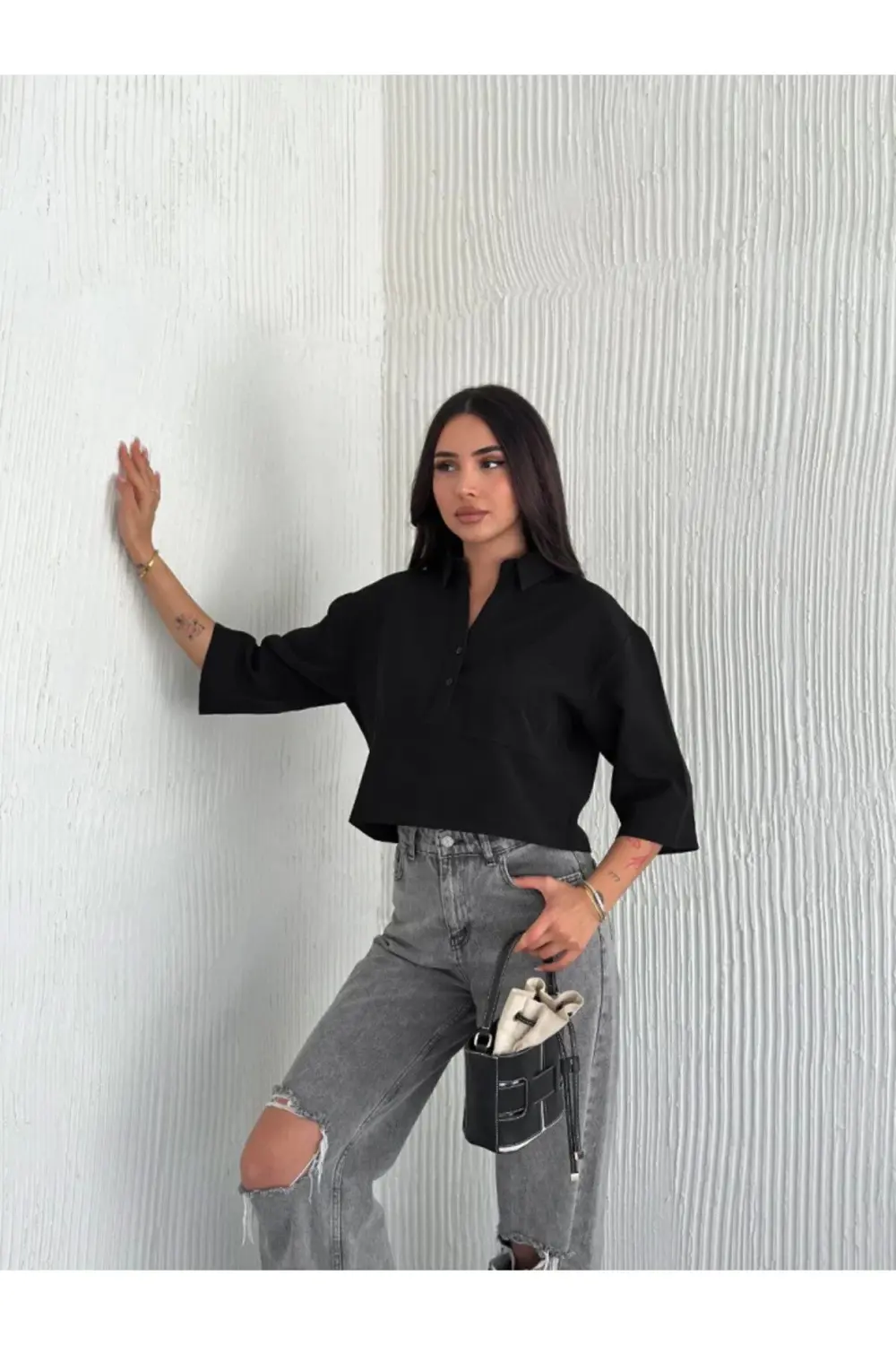 Crop Yakalı Gömlek Üç Çeyrek Sleeve Kol - Siyah