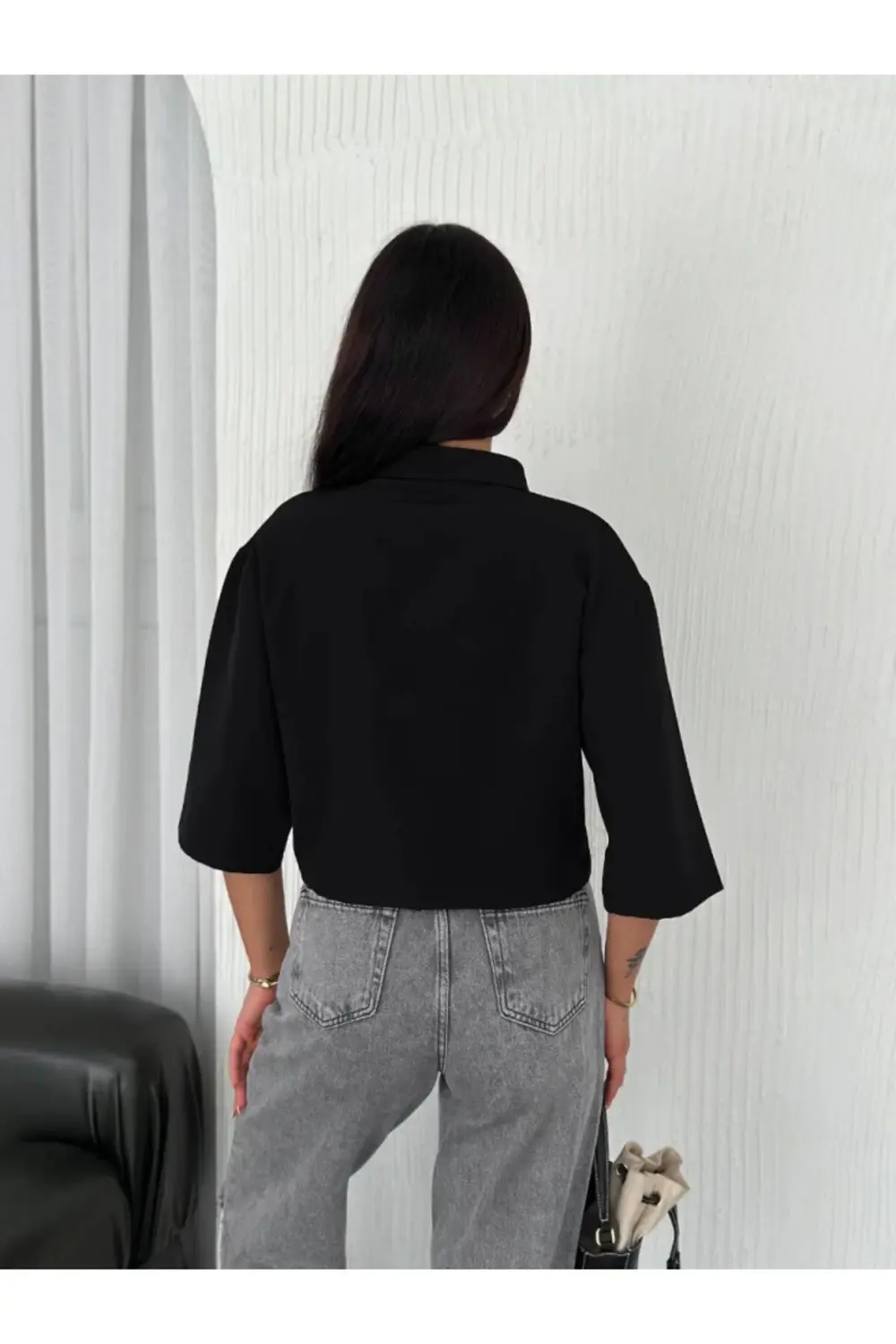 Crop Yakalı Gömlek Üç Çeyrek Sleeve Kol - Siyah