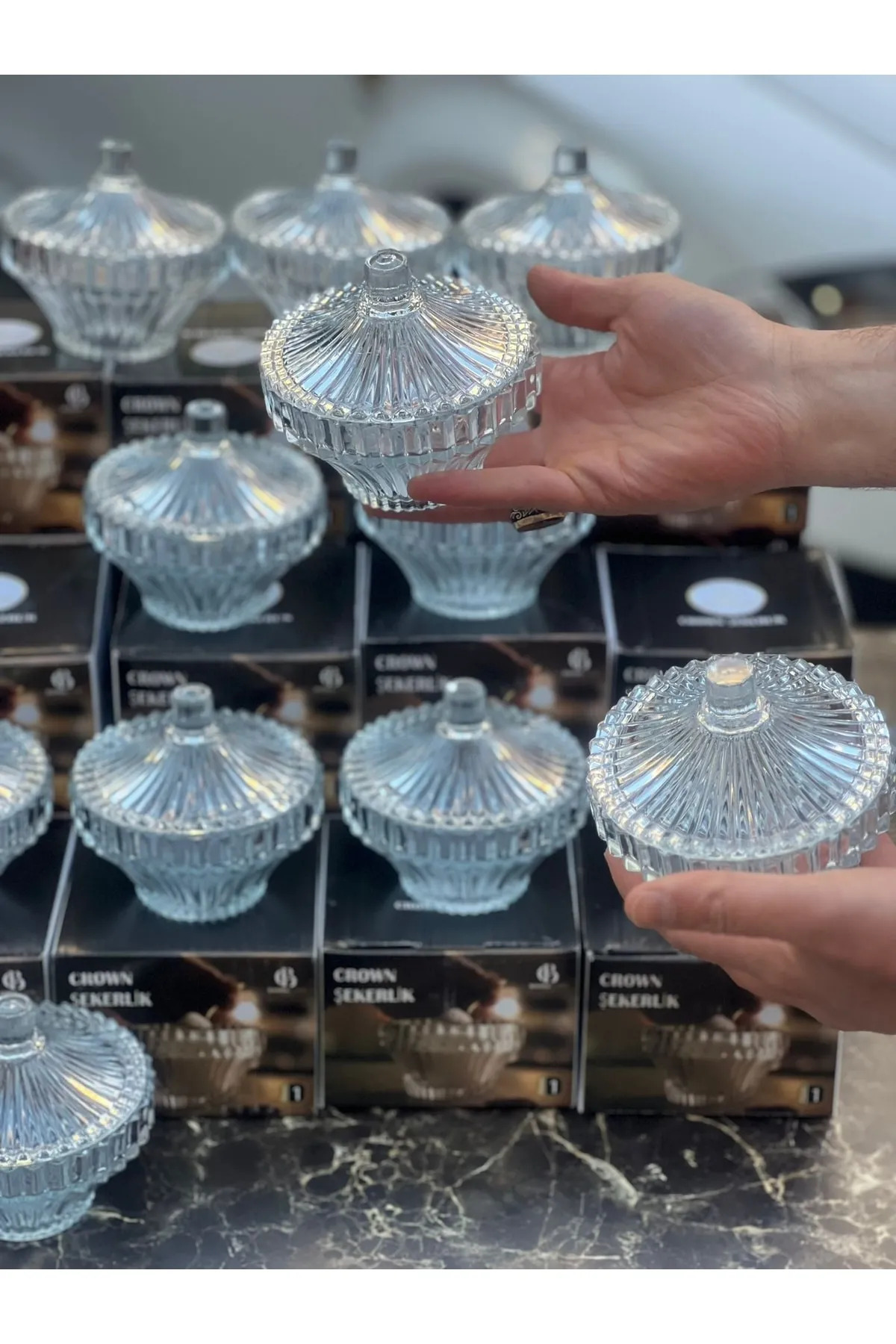 Crown Kapaklı Cam Şekerlik Pintrest Şekerliği Lokumluk Cam 1 Parç