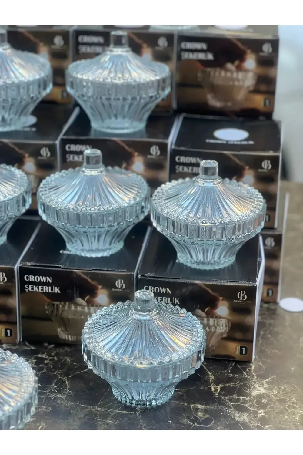 Crown Kapaklı Cam Şekerlik Pintrest Şekerliği Lokumluk Cam 1 Parç