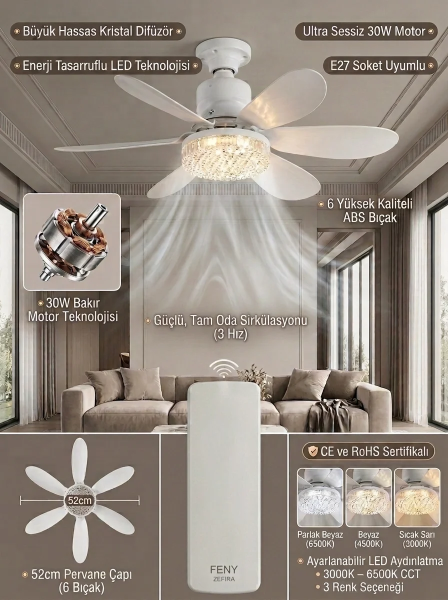 Crystal Aura 52 cm Ultra Sessiz LED Tavan Vantilatörü - 3 Kademeli Bakır Motor & Kristal Avize