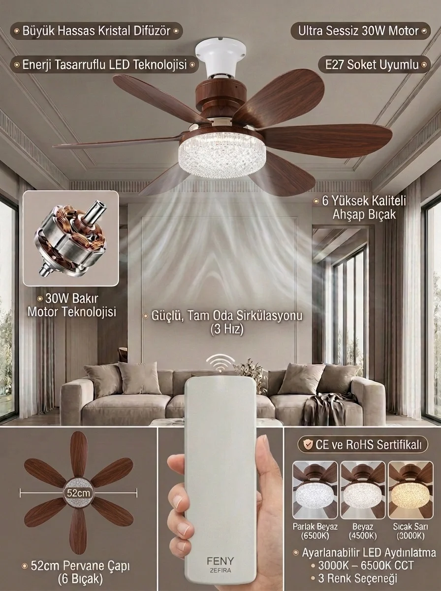 Crystal Aura 52 cm Ultra Sessiz LED Tavan Vantilatörü - 3 Renkli Kristal Avize