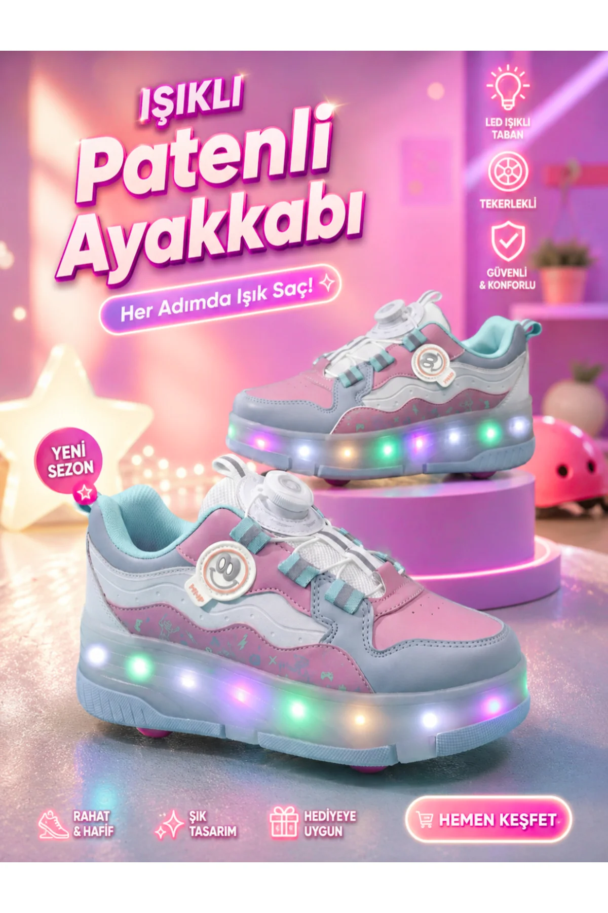 CS Pembe Işıklı Patenli Tekerlekli Kız Çocuk Ayakkabı