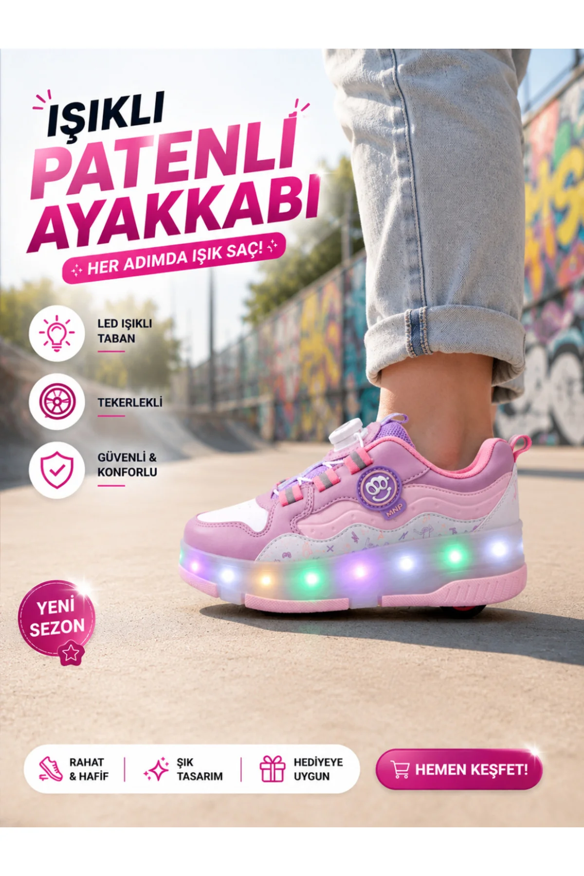 CS Pembe Işıklı Patenli Tekerlekli Kız Çocuk Ayakkabı