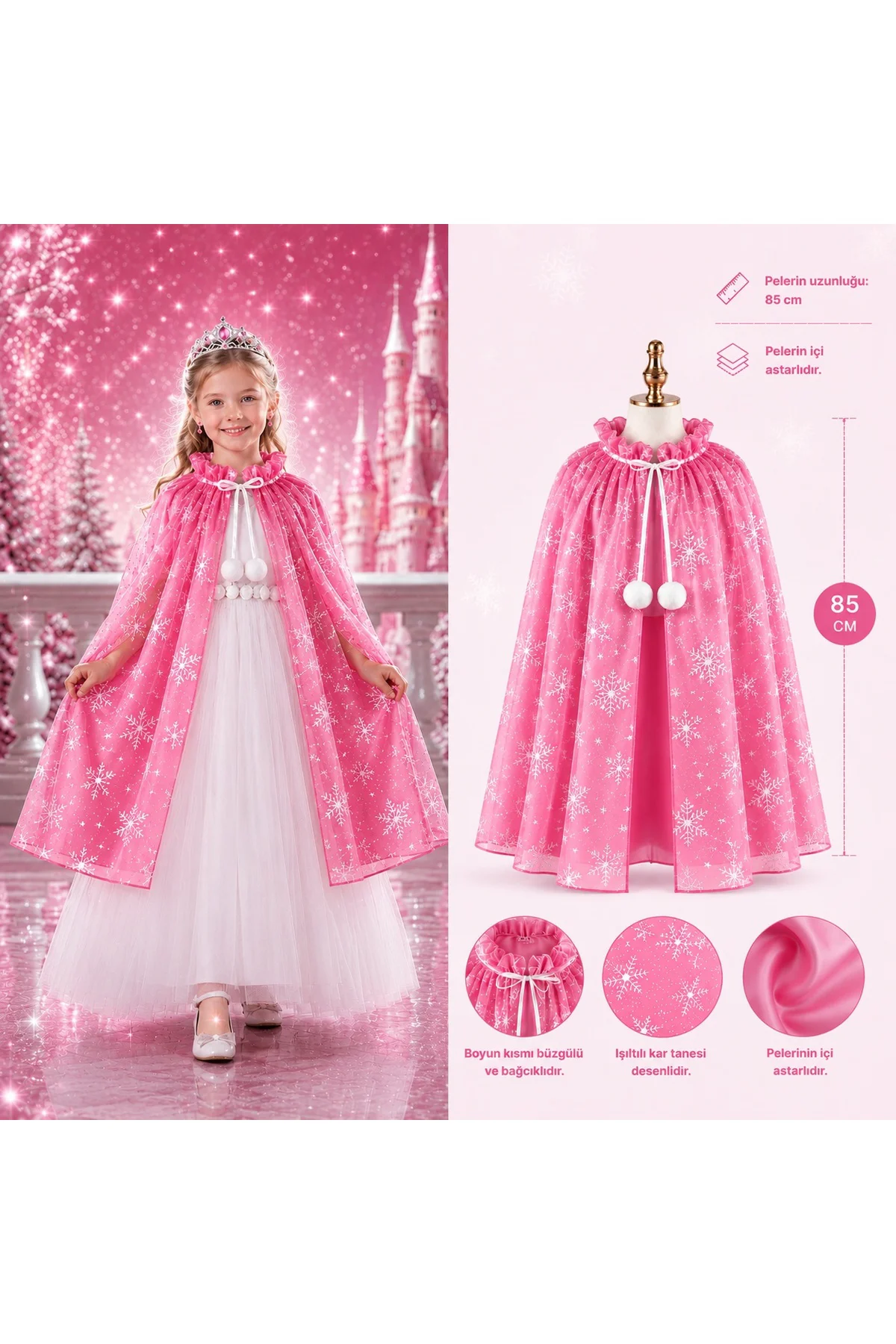 CSMO-TEX Kar Tanesi Desenli Pembe Elsa Pelerini - Alı Frozen Pele CSMO-TEX Kar Tanesi Desenli Pembe Elsa Pelerini - Alı Frozen Pele
