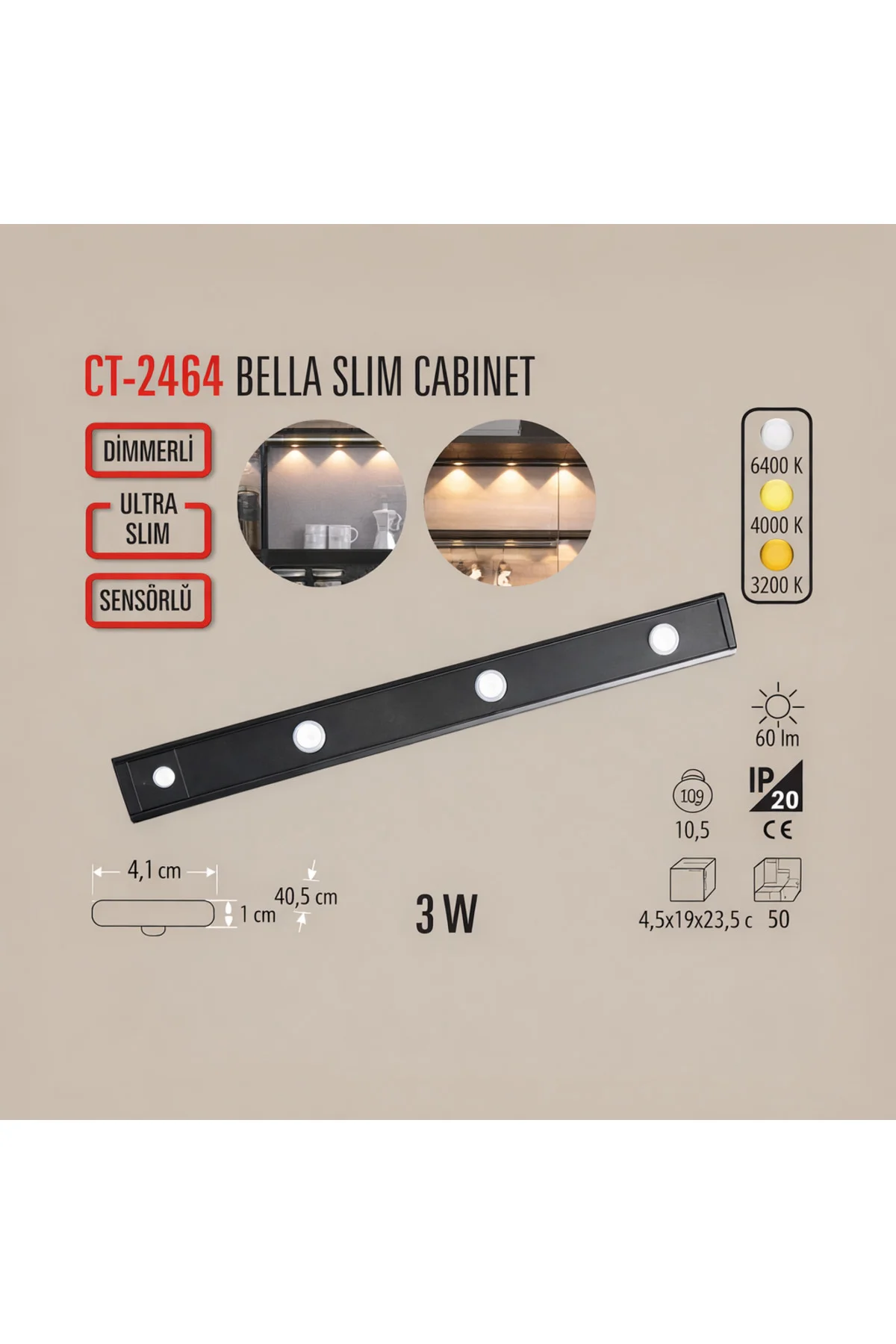 CT-2464 Bella Cabinet Şarjlı Hareket Sensörlü 3 Işıklı Armatür