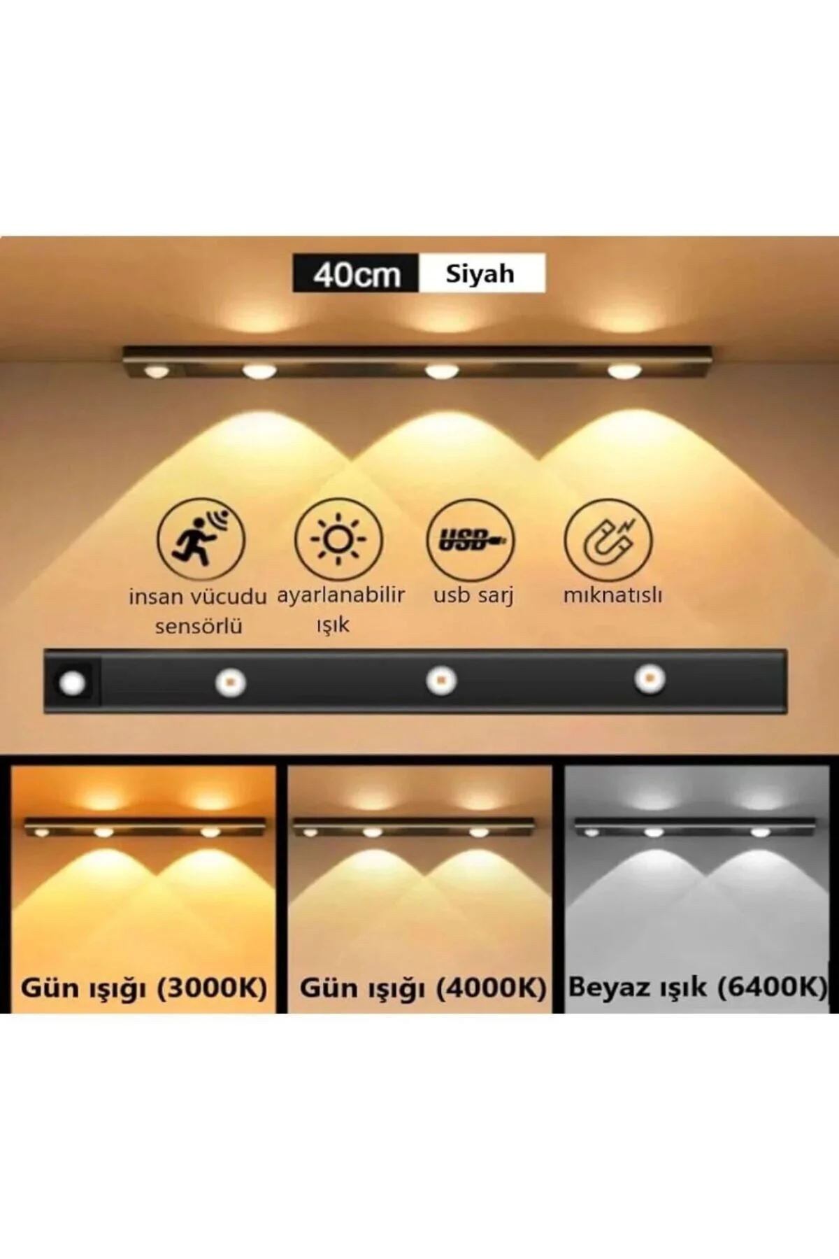 CT-2464 SENSÖRLÜ ŞARJLI DOLAP LAMBASI 40 CM 3200K-4000K-6400K