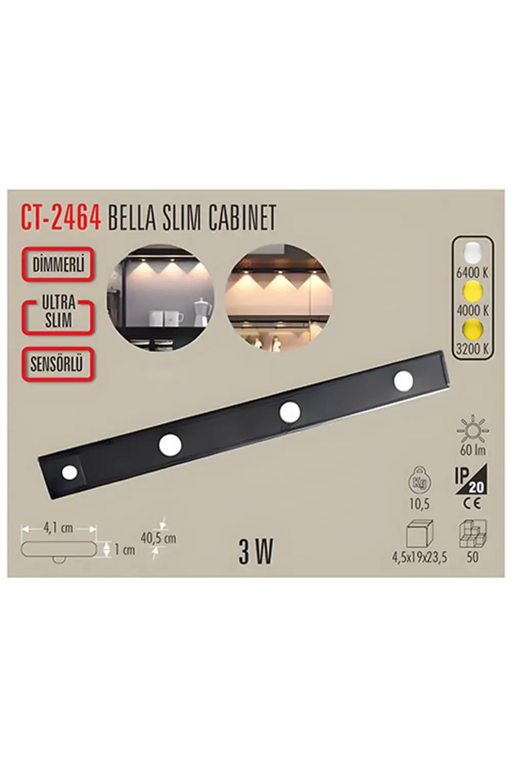 CT-2464 SENSÖRLÜ ŞARJLI DOLAP LAMBASI 40 CM 3200K-4000K-6400K