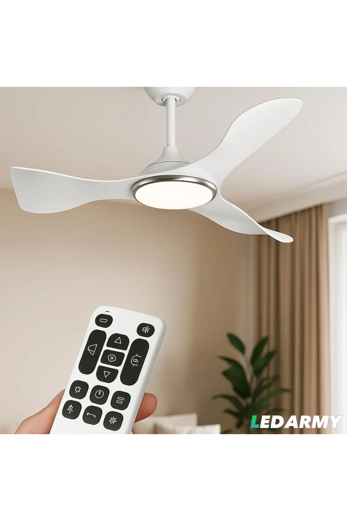 CT-3000 Modern Tavan Vantilatörü Beyaz LED Işıklı ve Uzaktan Kuma