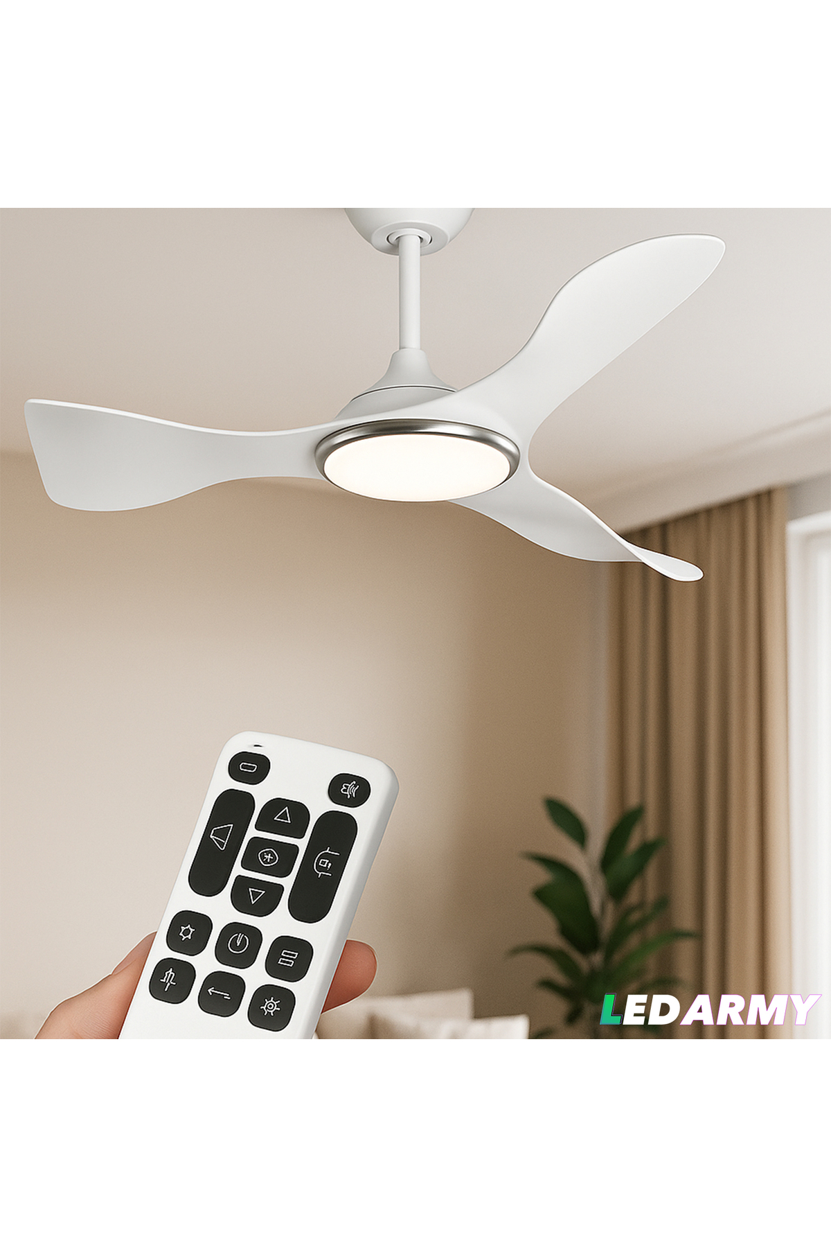 CT-3000 Modern Tavan Vantilatörü Beyaz LED Işıklı ve Uzaktan Kuma