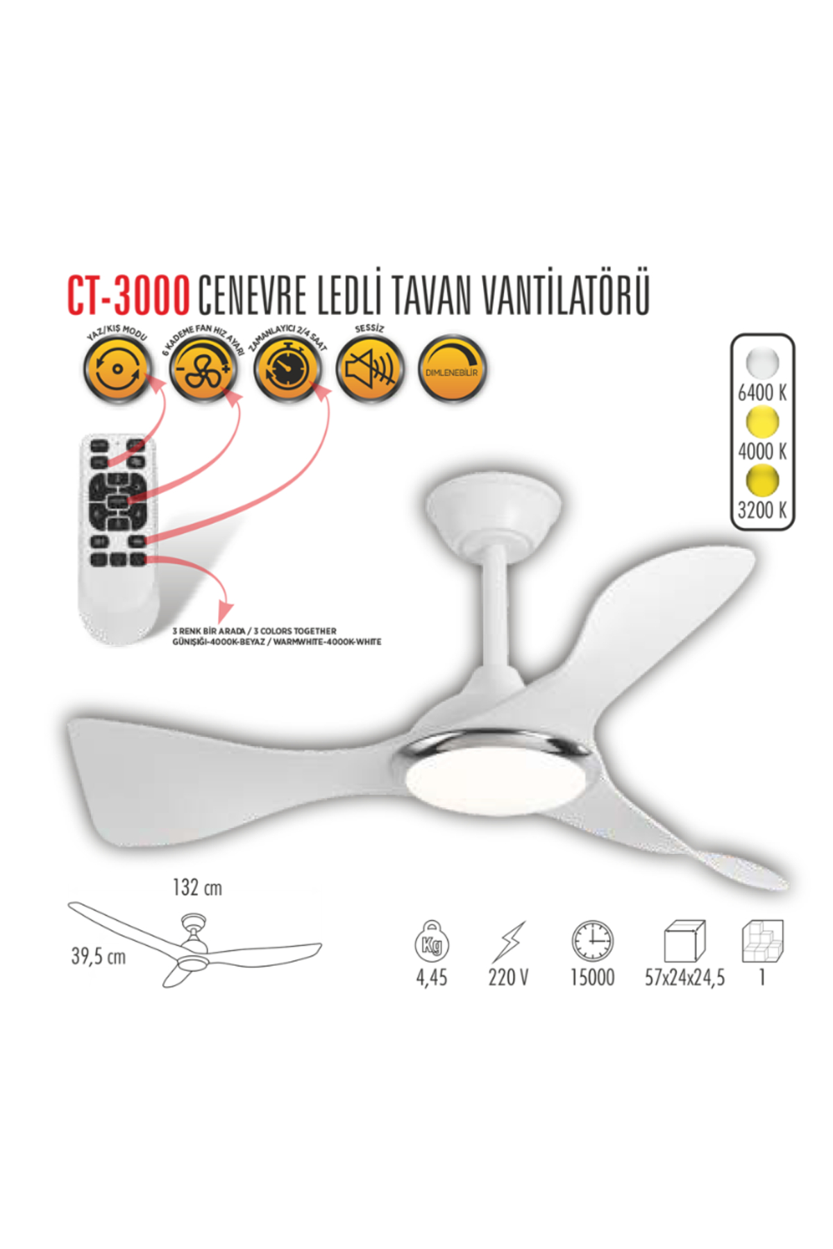 CT-3000 Modern Tavan Vantilatörü Beyaz LED Işıklı ve Uzaktan Kuma