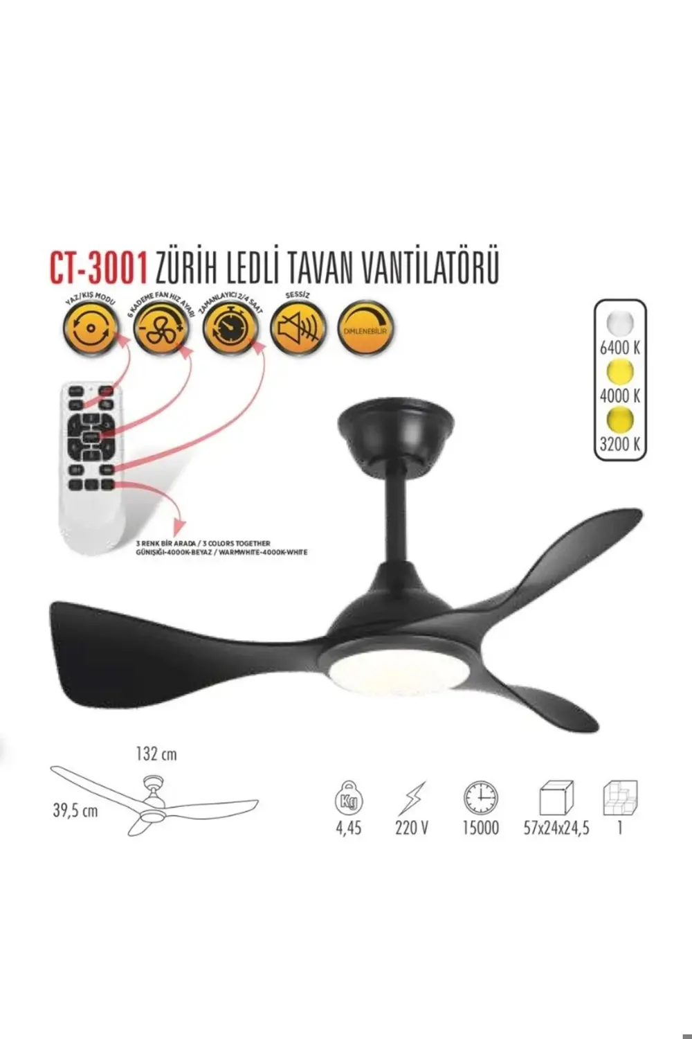 Cata Ct-3001 Modern Tavan Vantilatörü Siyah Led İşıklı Ve Uzaktan Kuma