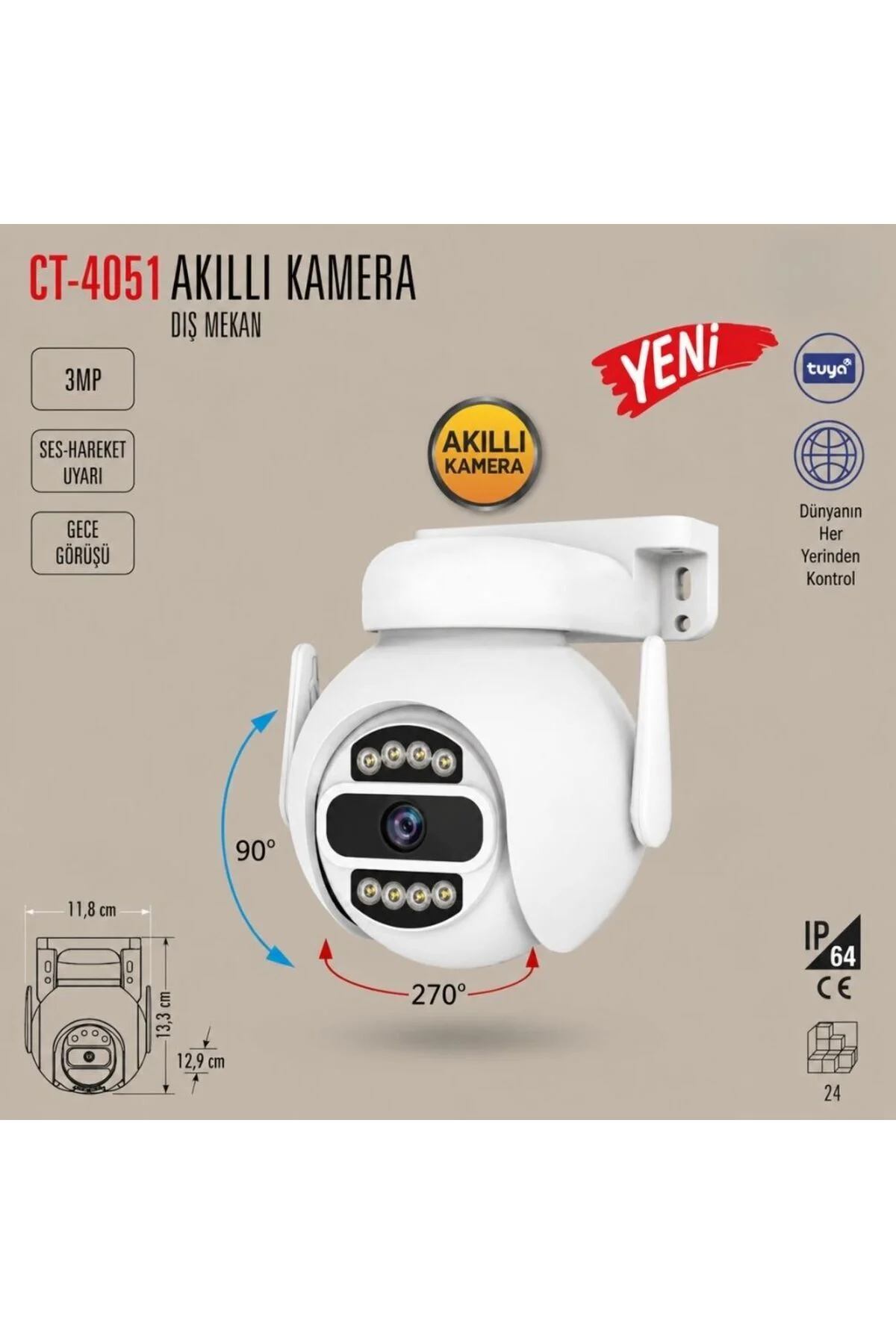CT-4051 Akıllı Dış Mekan 360° WiFi Güvenlik Kamerası 3MP Full HD Gece Görüşlü Ses ve Hareket Al - Görsel 4