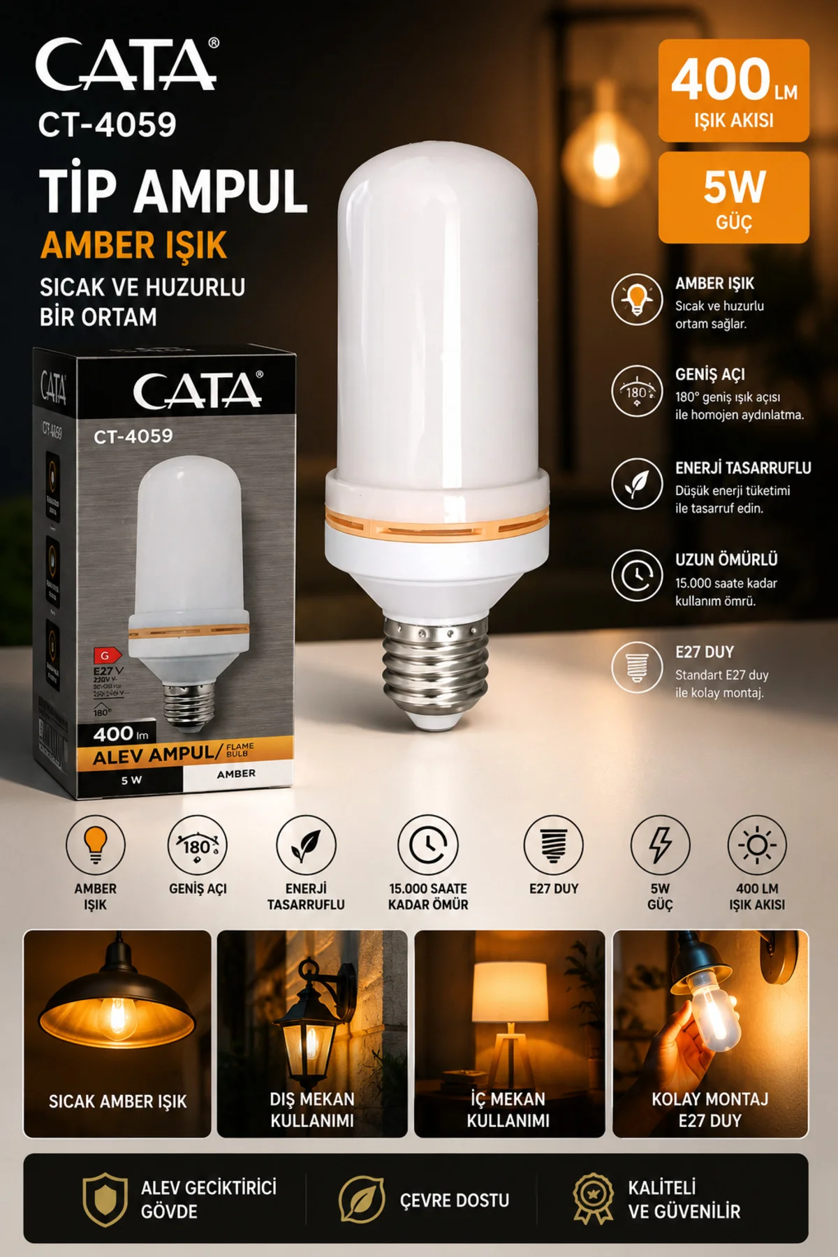 CT-4059 5W Amber Alev Ampul E27 Duy 2200K Dekoratif LED Ampul 400 lm CT-4059 5W Amber Alev Ampul E27 Duy 2200K Dekoratif LED Ampul 400 lm