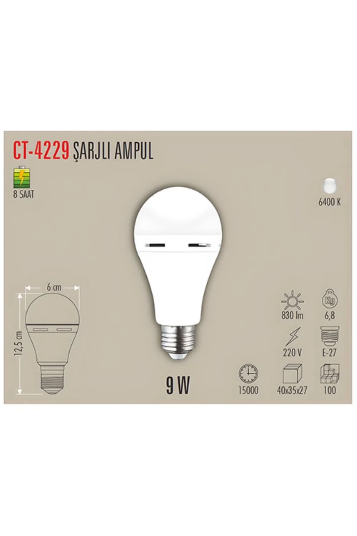 CT-4229 9W Şarjlı LED Ampul – 6400K Beyaz Işık - Görsel 2