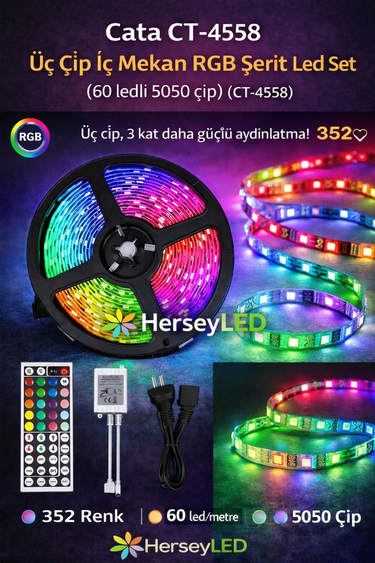 CT-4558 Üç Çip İç Mekan RGB Şerit Led Set (60 ledli 5050 çip)