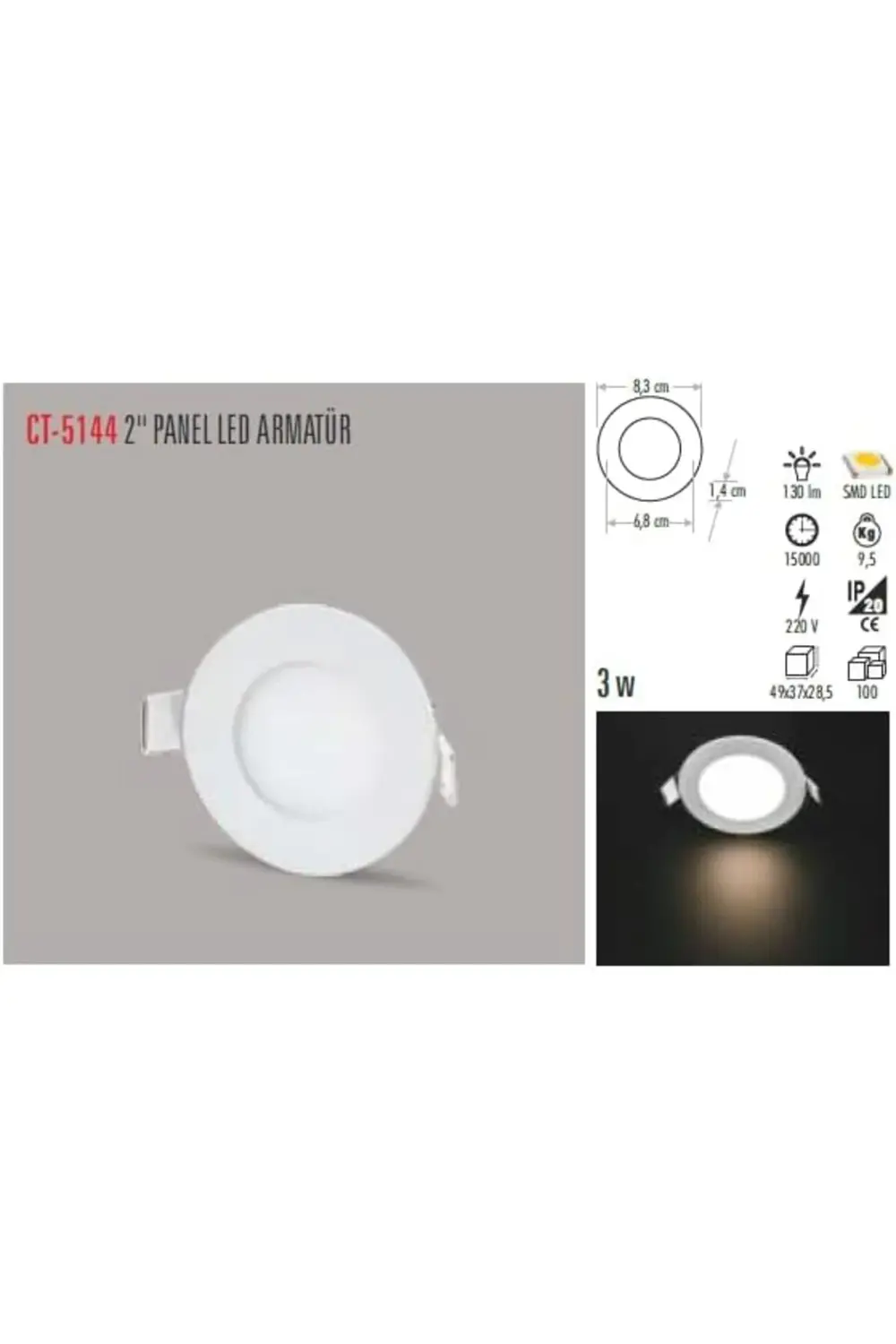 CT-5144-G Panel LED Slim Yuvarlak Spot 3 W 3000K Gun Işığı Beyaz