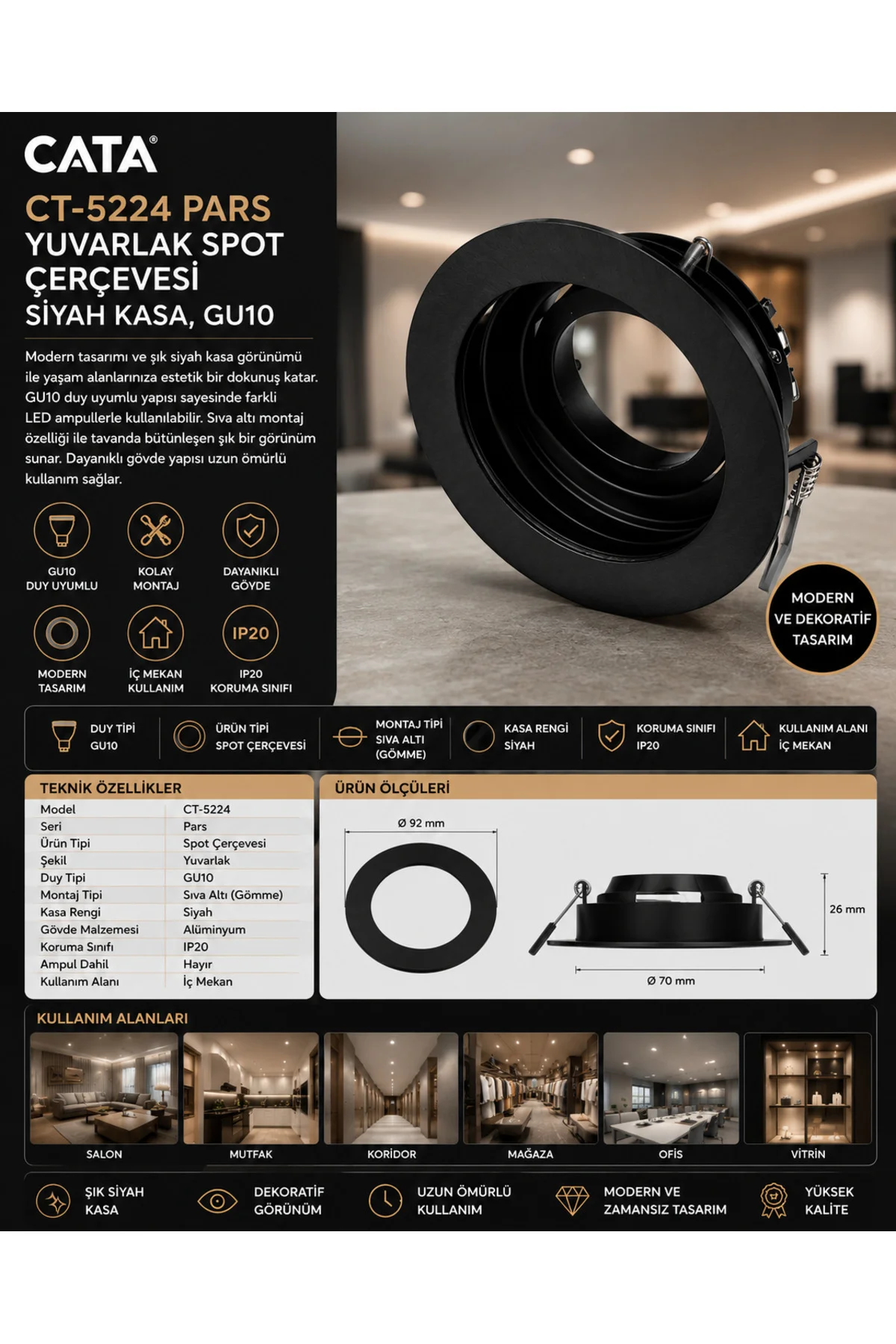 CT-5224 Pars Yuvarlak Spot Çerçevesi Siyah Kasa GU10 Sıva Altı Dekoratif Spot Armatür CT-5224 Pars Yuvarlak Spot Çerçevesi Siyah Kasa GU10 Sıva Altı Dekoratif Spot Armatür