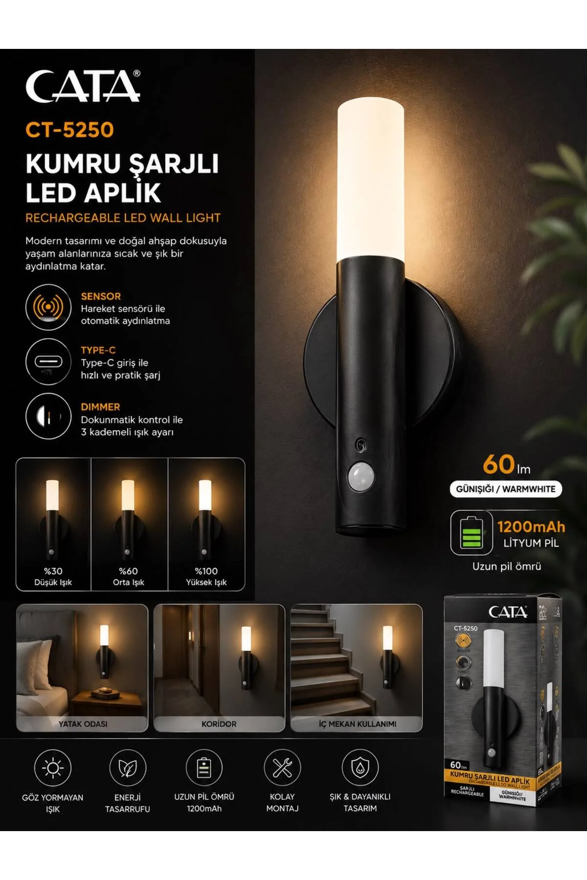 CT-5250 KUMRU ŞARJLI LED DUVAR APLIĞI SİYAH CT-5250 KUMRU ŞARJLI LED DUVAR APLIĞI SİYAH