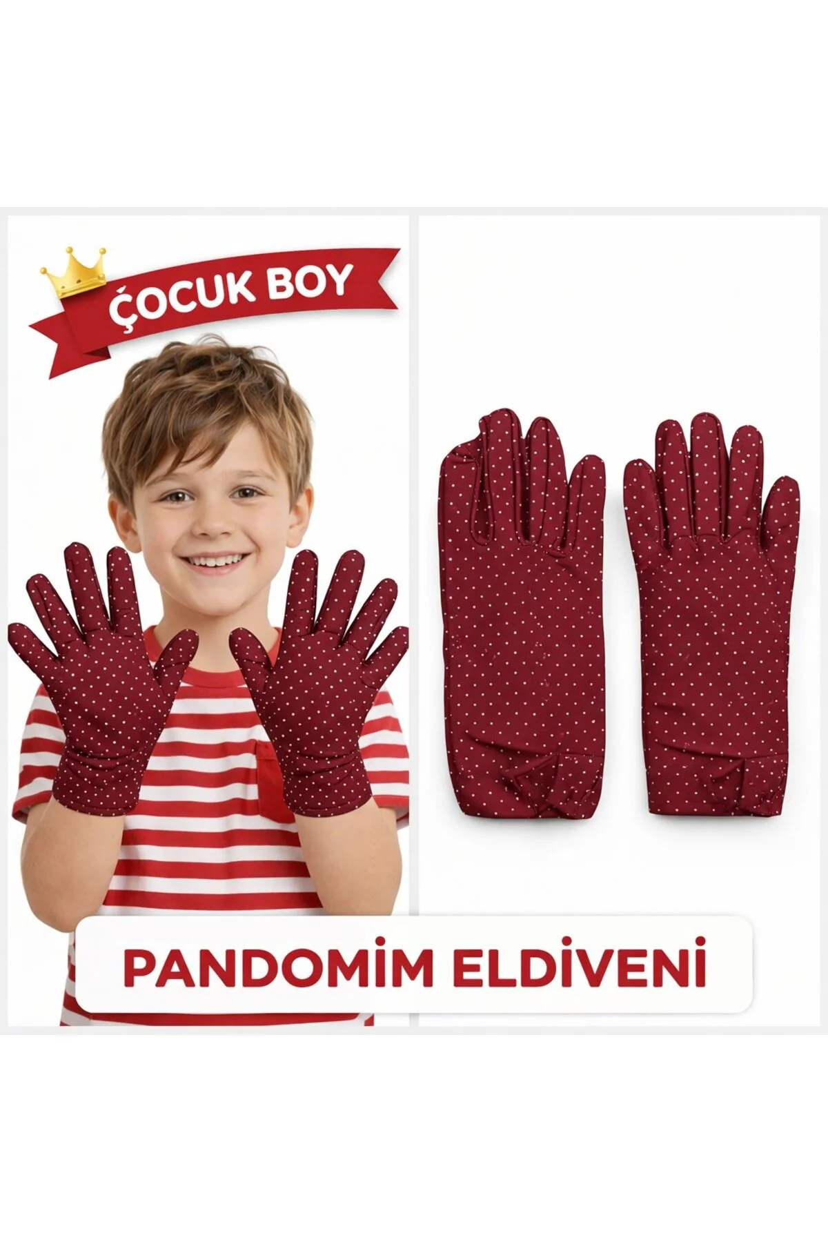 Çuk Boy Pandomim Eldiveni Beyaz Puantiyeli Bordo Renk Gösteri Eld