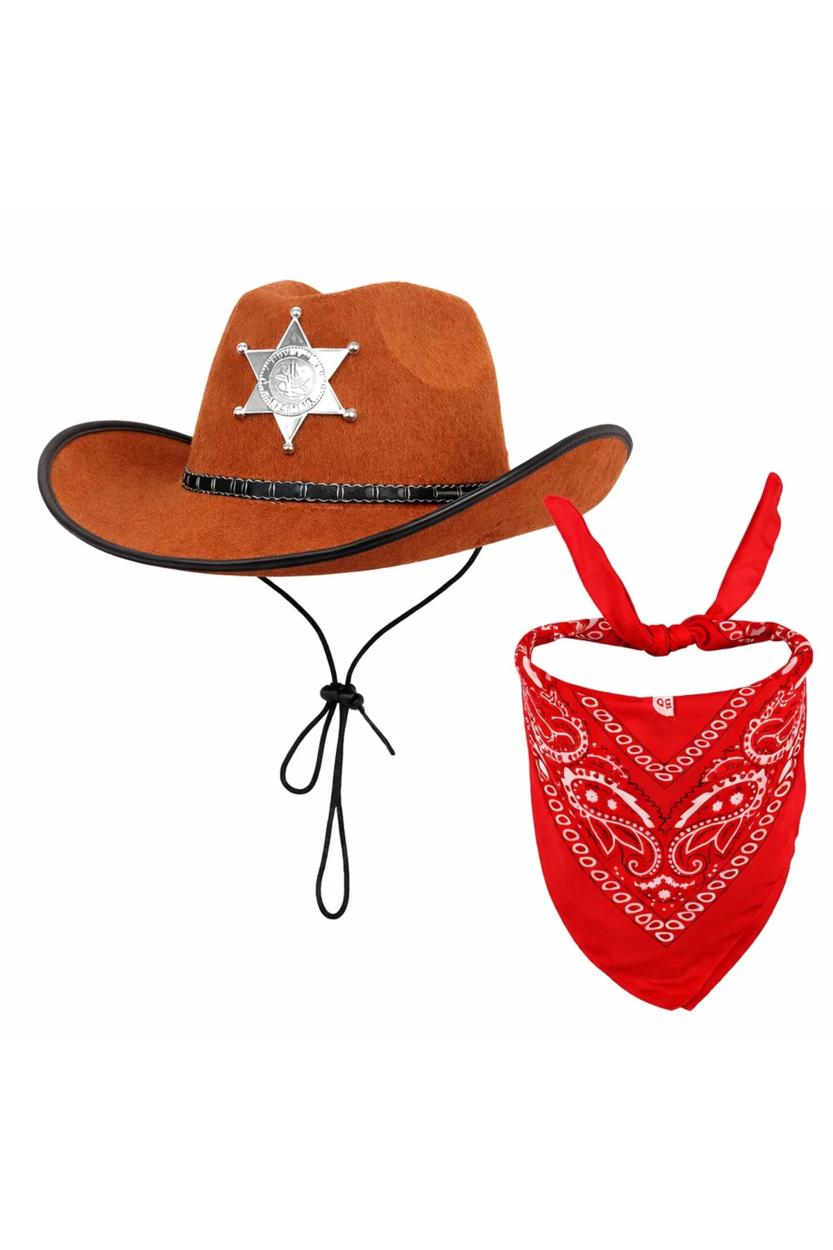 Çuk Kovboy Şapka Rozetli Kahverengi &amp; Kırmızı Bandana Fular S