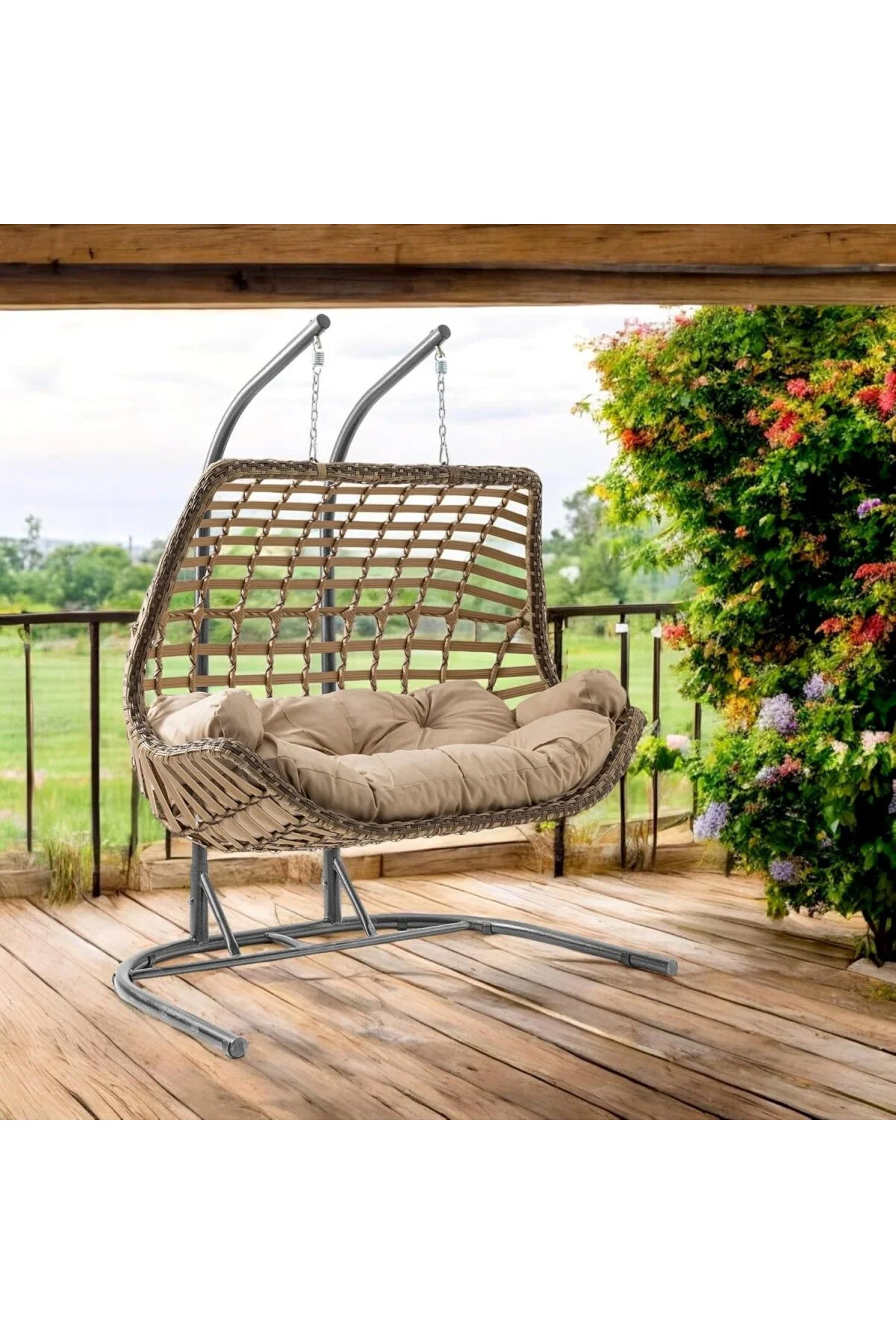 Cunda Çiftli Rattan Bahçe Balkon Salıncağı Açık Kahve