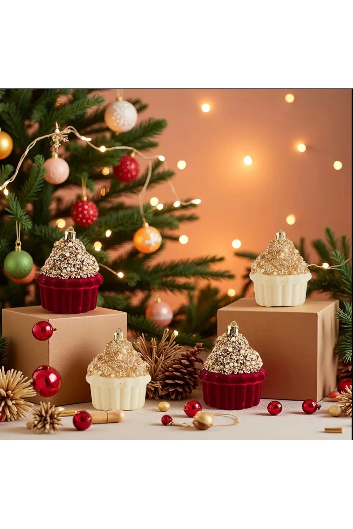 Cupcake Figürlü Yılbaşı Ağaç Süsü 4'lü Set – Simli ve Boncuklu Dekoratif Asma Süsler (8 cm) Cupcake Figürlü Yılbaşı Ağaç Süsü 4'lü Set – Simli ve Boncuklu Dekoratif Asma Süsler (8 cm)