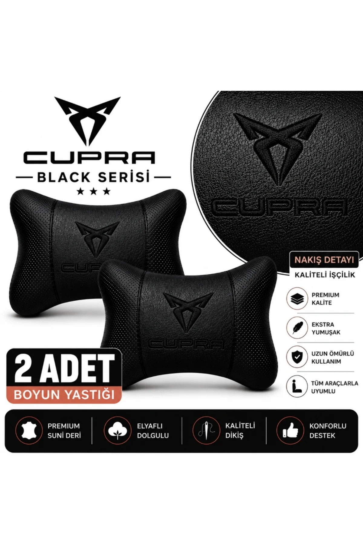 Cupra Black Serisi 2 Adet Araç Boyun Yastığı Siyah Premium Suni Deri Elyaf Dolgulu Oto Boyun Desteği Cupra Black Serisi 2 Adet Araç Boyun Yastığı Siyah Premium Suni Deri Elyaf Dolgulu Oto Boyun Desteği