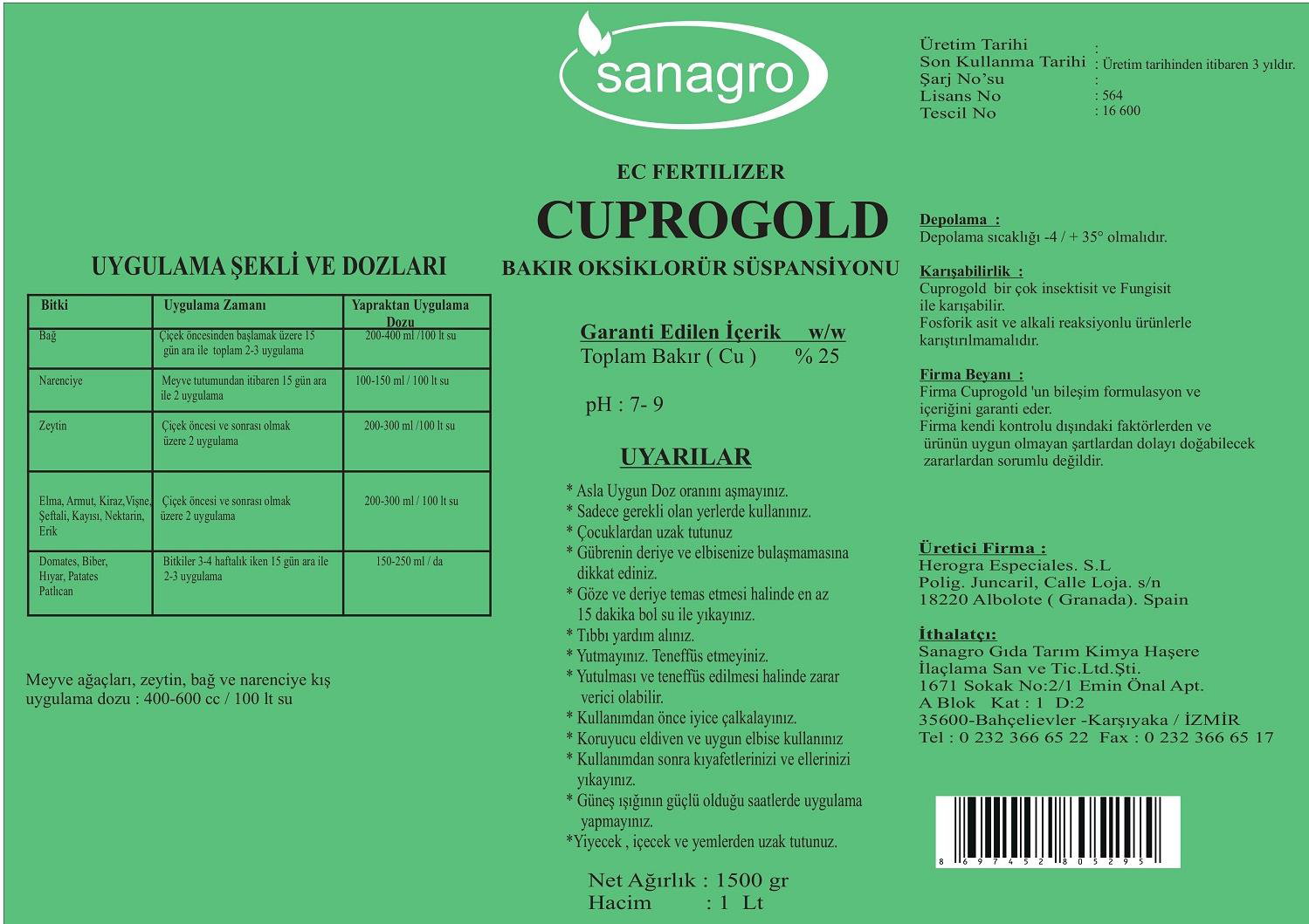 Cuprogold  Bakıroksiklorür Süspansiyonu 1 lt