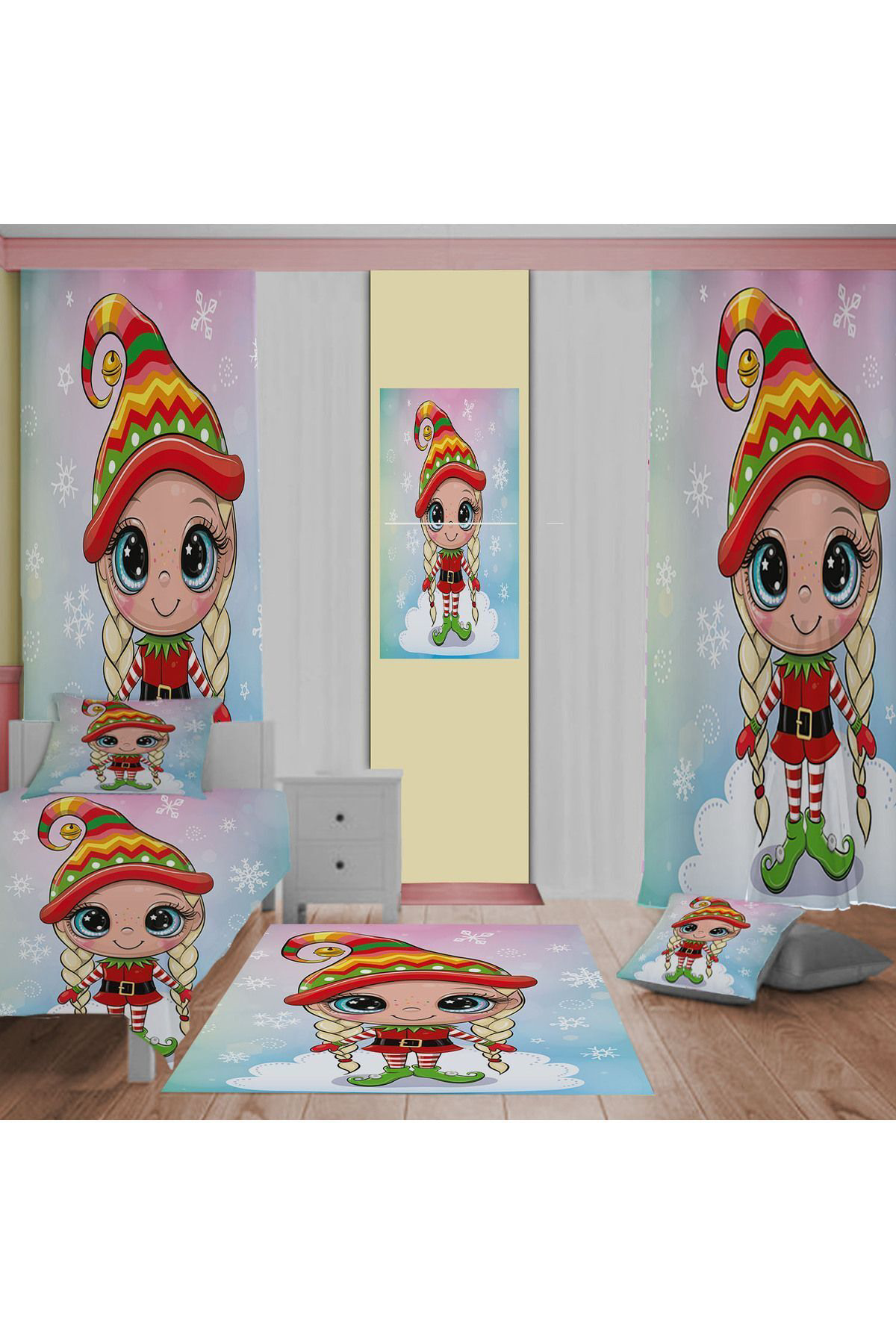 Evan Home Cute Cartoon Desenli Çocuk Odasi Takim Perde (İki Kanat),Yatak Örtüsü,Yastik,Kirlent ,Hali,Tablo