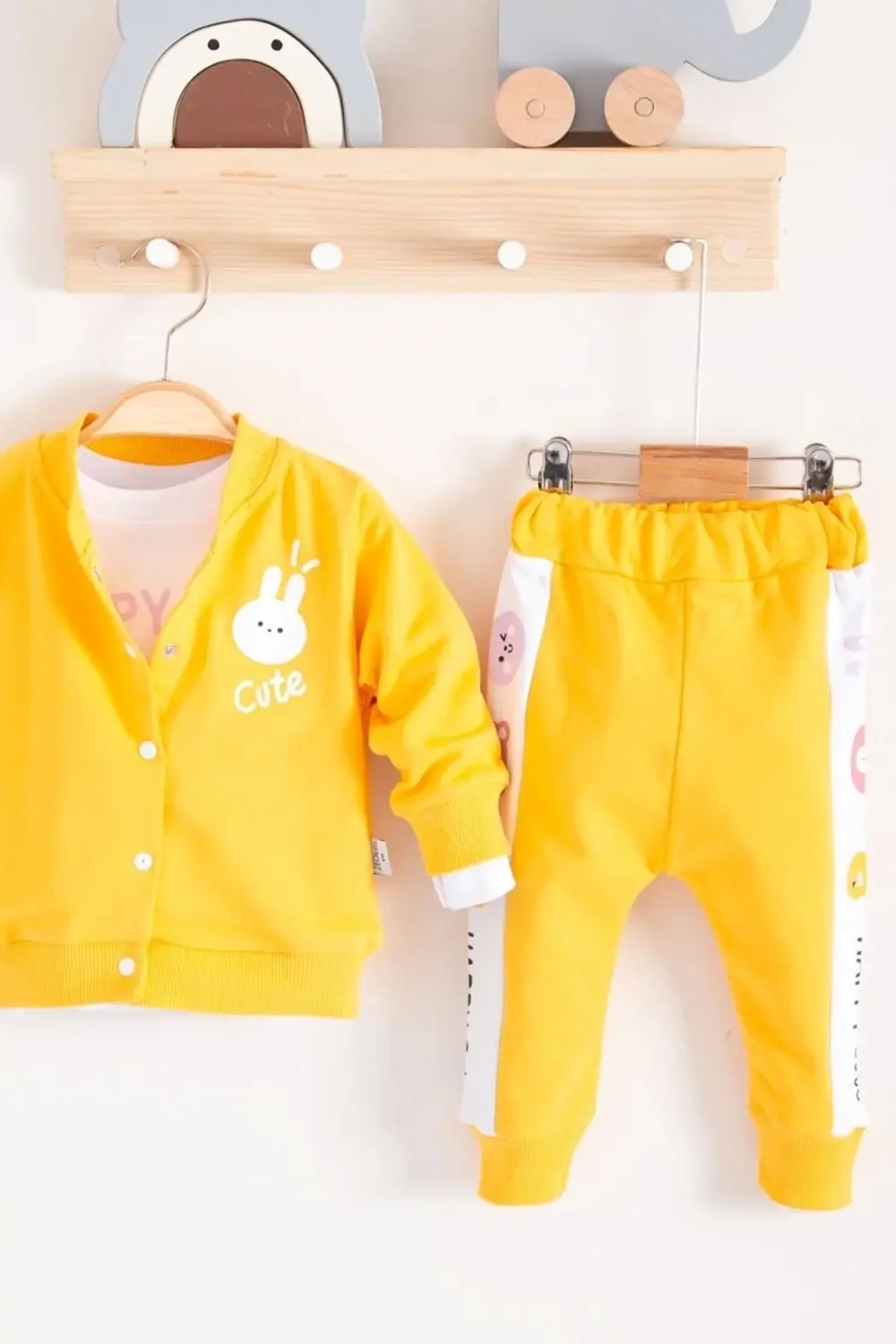 Cute Funny Desenli Kapişonlu Pamuklu 3'lü Kız Bebek Takımı