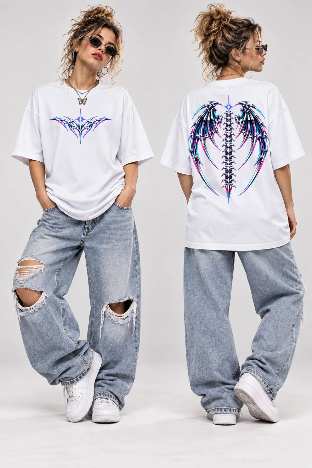Cyber Tribal Kanat Baskılı Oversize T-Shirt Unisex Y2K Gothic Büyük Arka Baskılı Streetwear Tişört