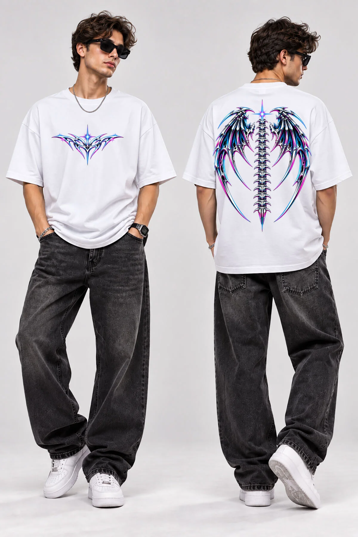 Cyber Tribal Kanat Baskılı Oversize T-Shirt Unisex Y2K Gothic Büyük Arka Baskılı Streetwear Tişört