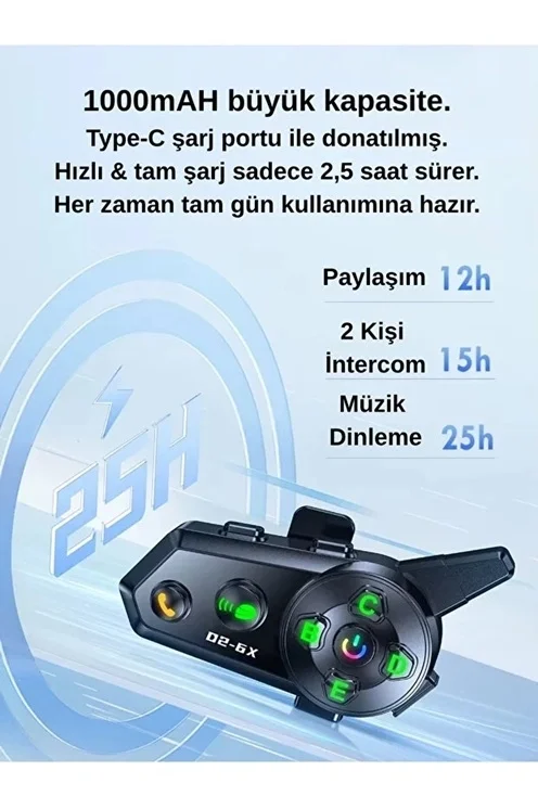 D2-6x 1000m Mesafeli 6 Kanallı İntercom Bluetooth Motosiklet Kask Kulaklığı İntercom Kulaklık