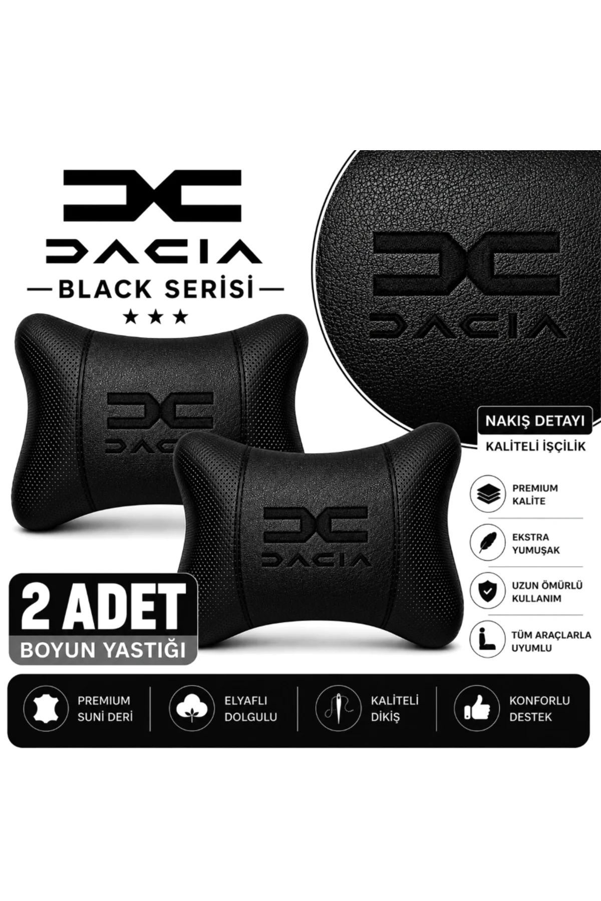Dacia Black Serisi 2 Adet Araç Boyun Yastığı Siyah Premium Suni Deri Elyaf Dolgulu Oto Boyun Desteği Dacia Black Serisi 2 Adet Araç Boyun Yastığı Siyah Premium Suni Deri Elyaf Dolgulu Oto Boyun Desteği